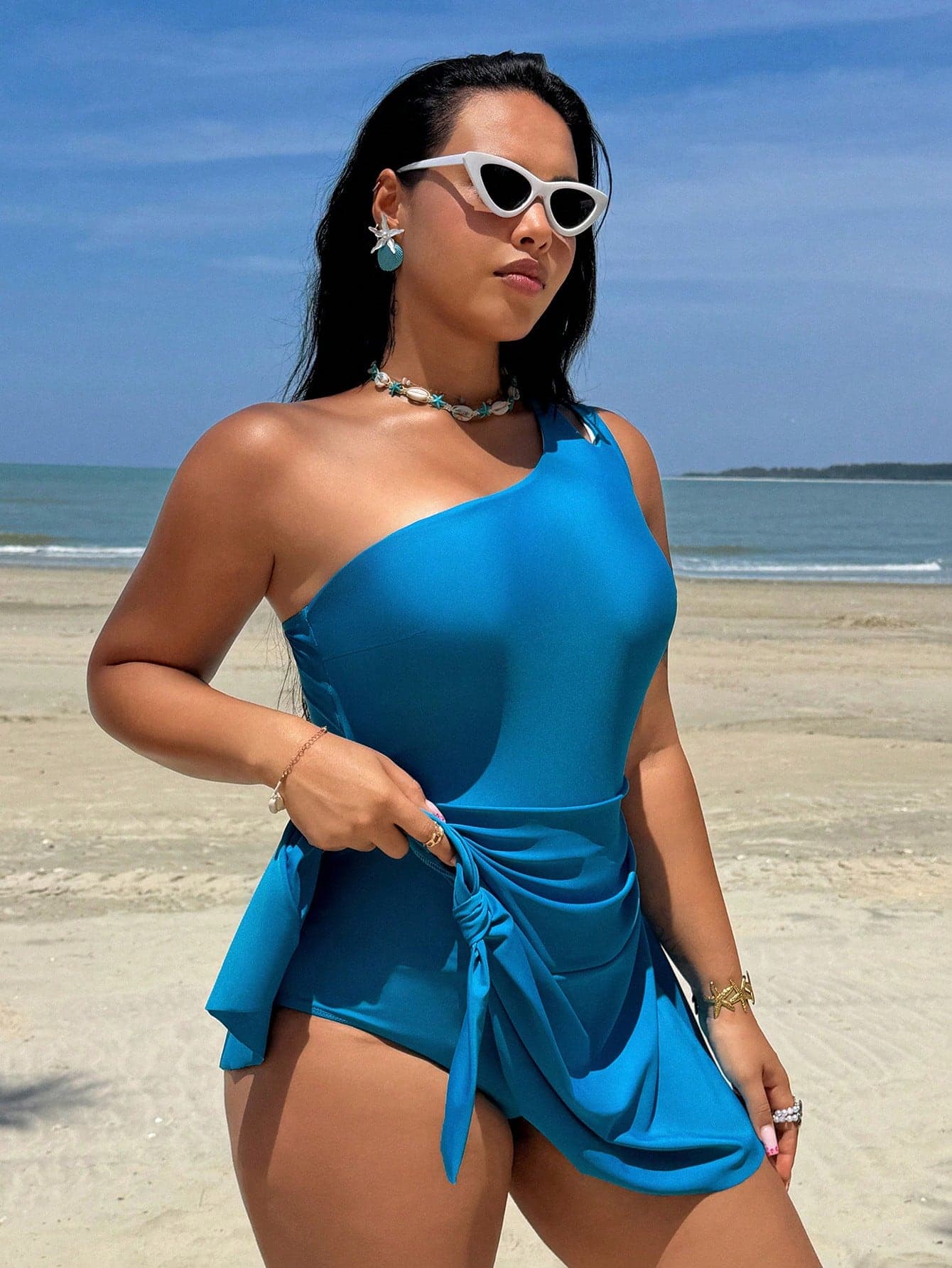 Swim Lushoire 2026 New One-Piece Plus Size One-Shoulder Swimsuit Beach Vacation Baby Blue Summer