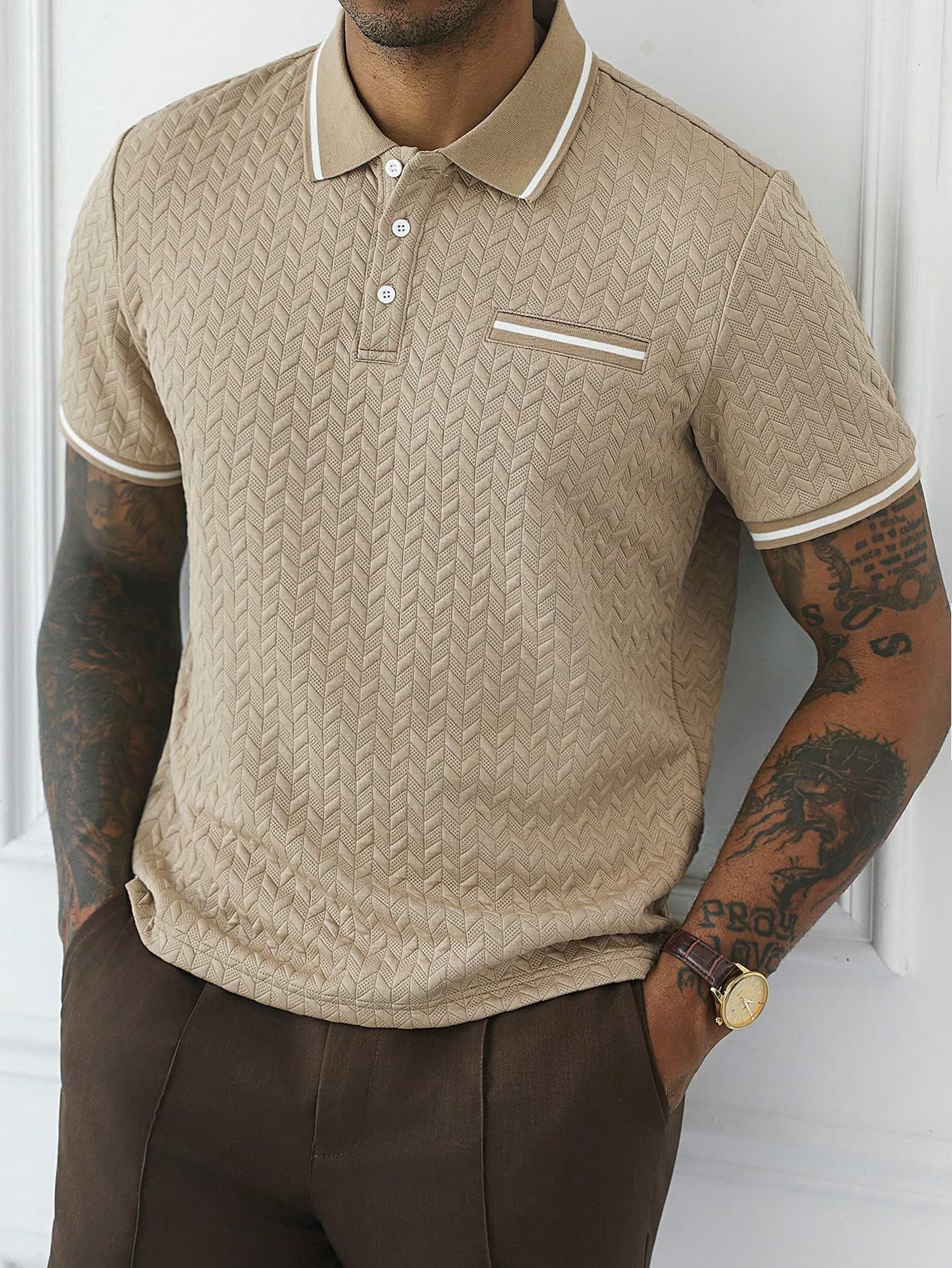 HUEFORM Men's Short Sleeve Casual Textured Fabric Business POLO Shirt