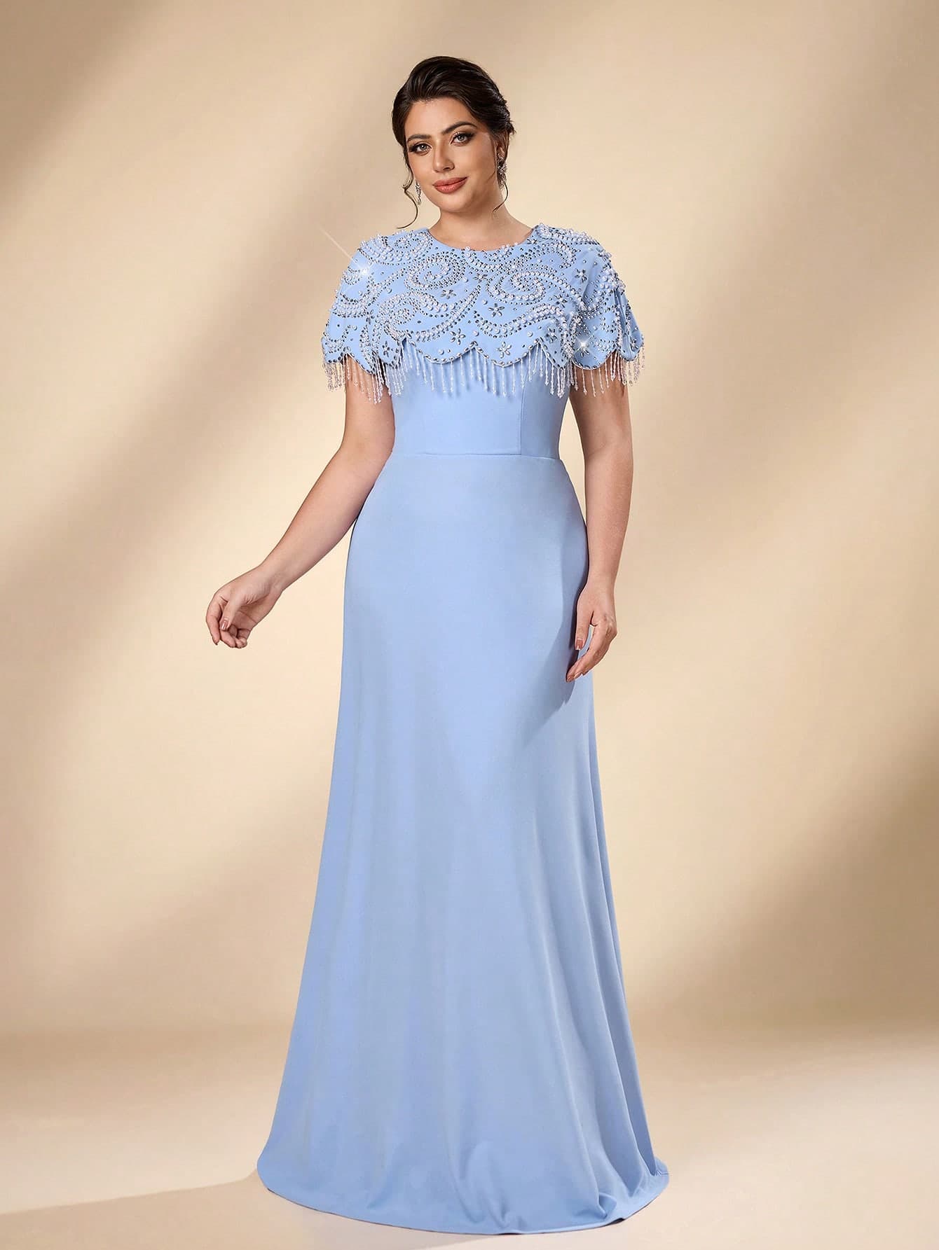 Serin Plus Size Elegant Luxury Heavy Embellished Stretch Fabric Light Blue Rhinestone Beaded Cape Shawl Tassel A-Line Dress Suitable For Wedding Events Birthday Parties Vacation Bride Mother Dress