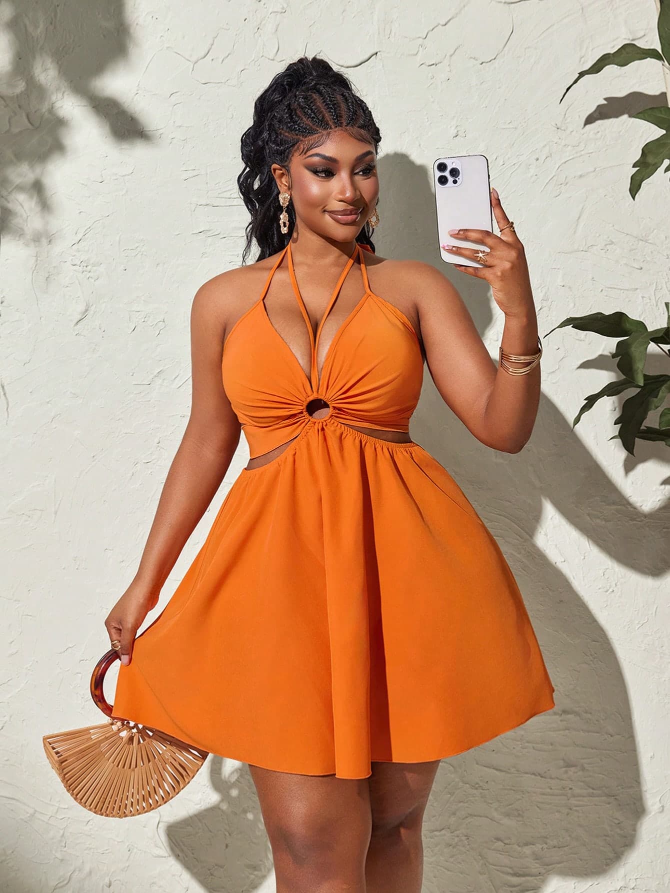 Maweii Plus Size Women's Summer A-Line Cinch Waist Cut-Out Waist Spaghetti Strap Sexy Beach Vacation Dress In Burnt Orange