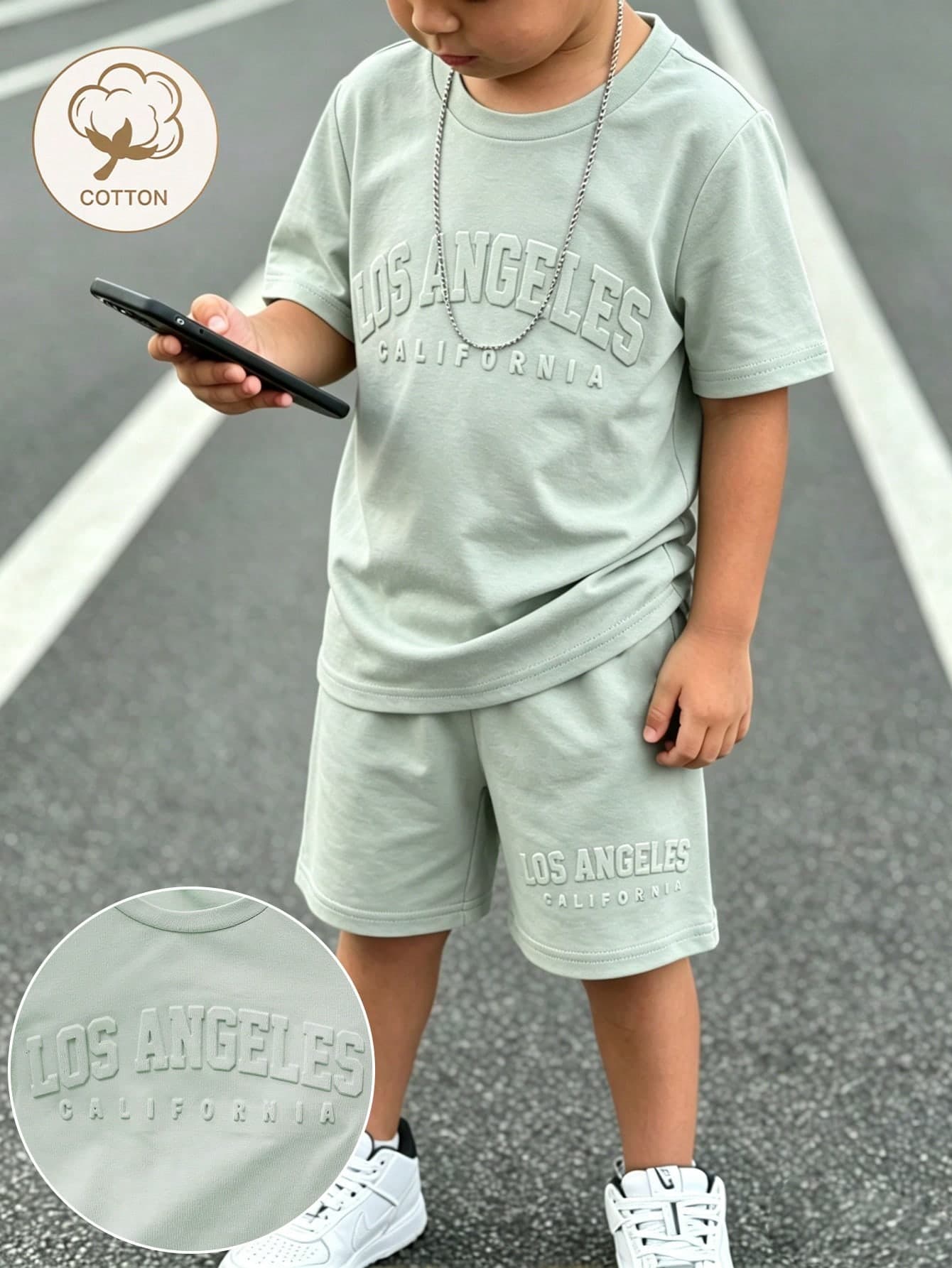 SHEIN Genkimix Kids 2pcs Young Boys' Summer Fashion Casual Sports Round Neck Embossed Letter Short Sleeve T-Shirt + Sports Casual Shorts Set, Suitable For Daily Outings, School, Leisure, Shopping, Vacation, Dining And Other Occasions, Ideal For Summer Wear