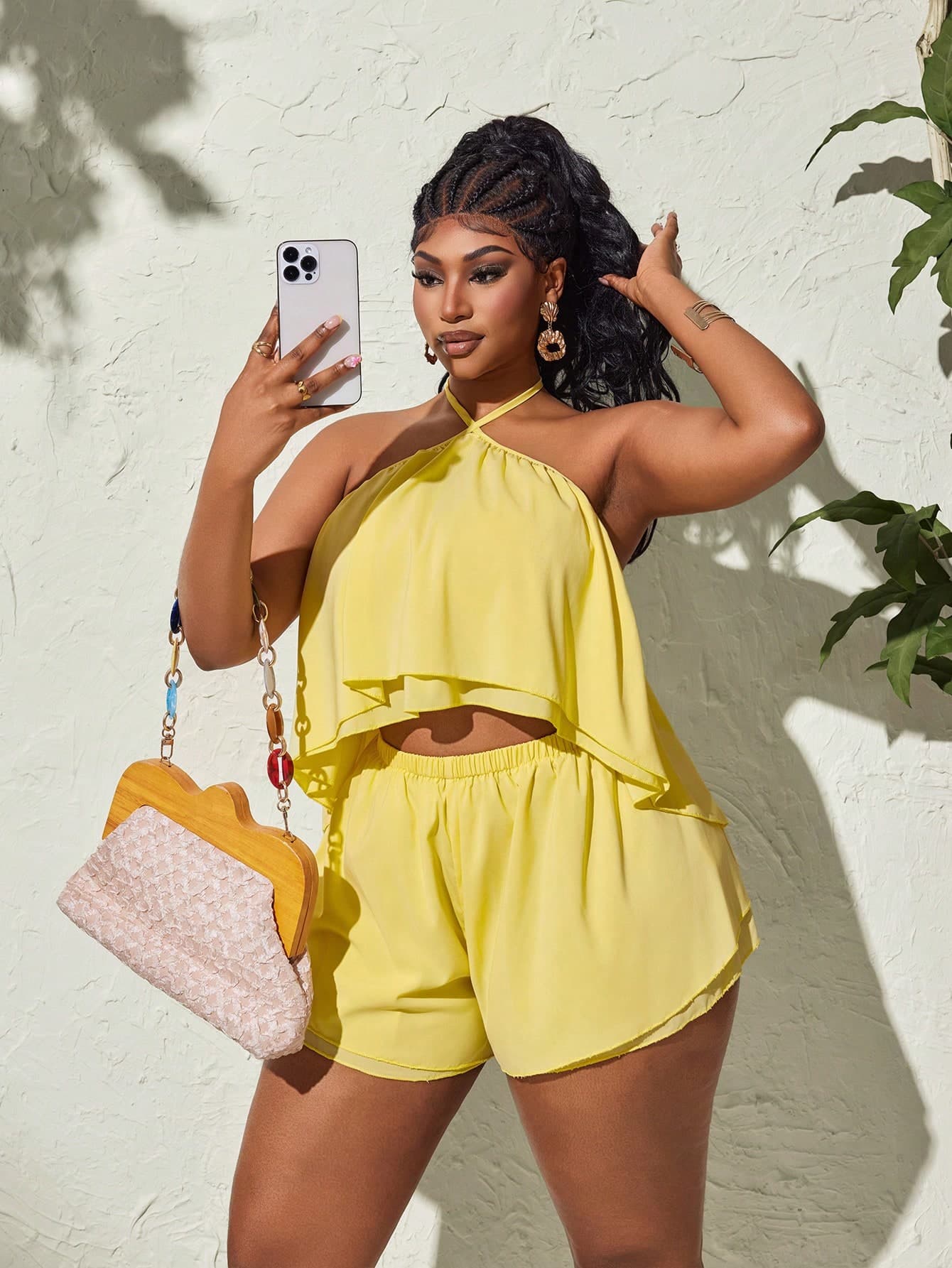 Maweii Plus Size Women Solid Color Halter Neck Tie Multi-Layer Casual Jumpsuit Beach Vacation Light Yellow Summer