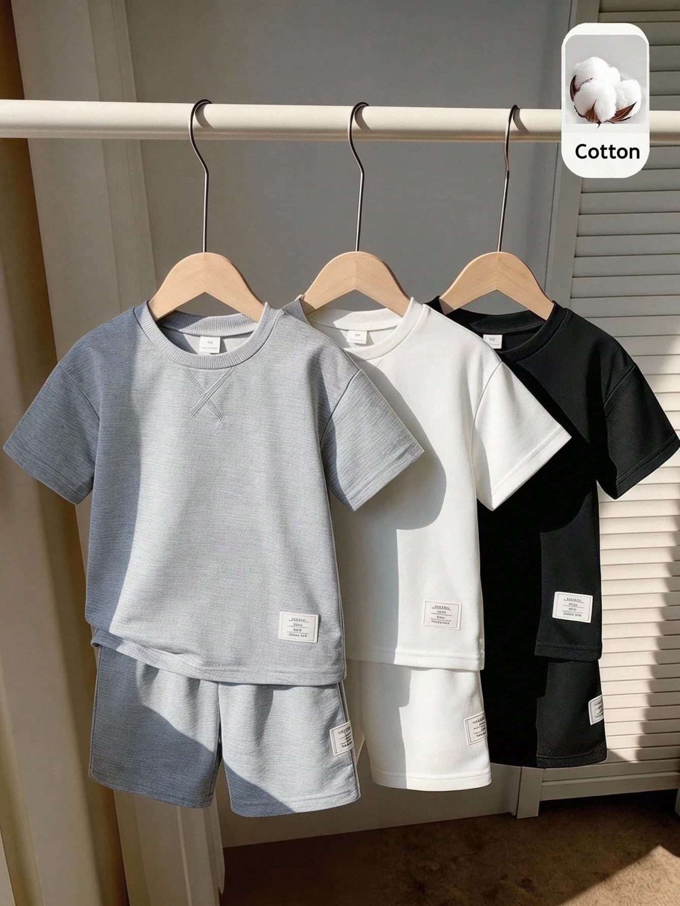 SHEIN Genkimix Kids Boys' Cotton Set,6pcs/Set Kids' Casual Minimalist Round Neck T-Shirt And Shorts Set,Summer Sports Outfit,White Black Gray Short Sleeve Tee,Daily Wear