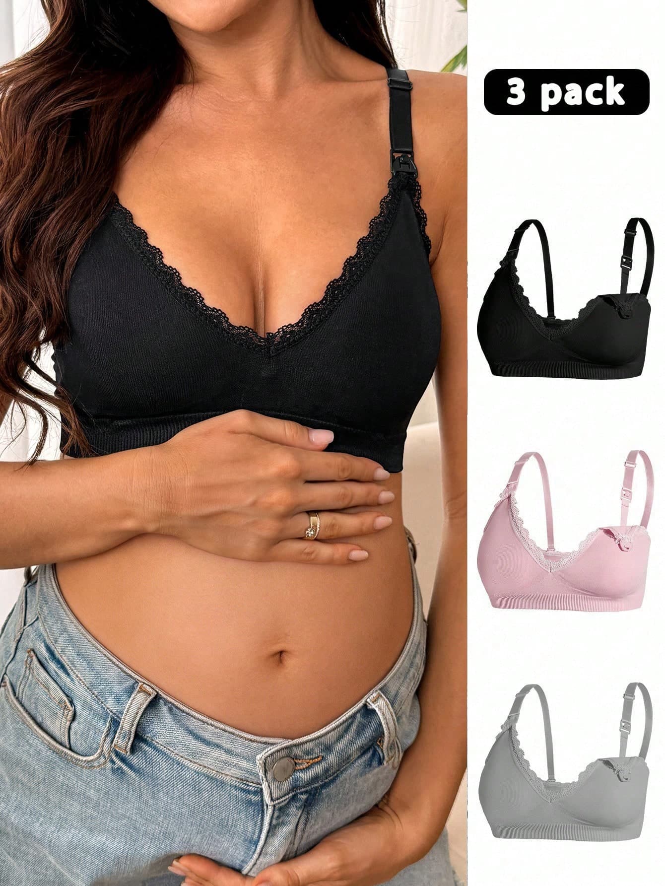 SHEIN 3pcs/Set Maternity Seam-Free Lace Patchwork Shell Trim Bras Lace Bras Maternity Bras Bras For Women Bralettes For Women Nursing Bras