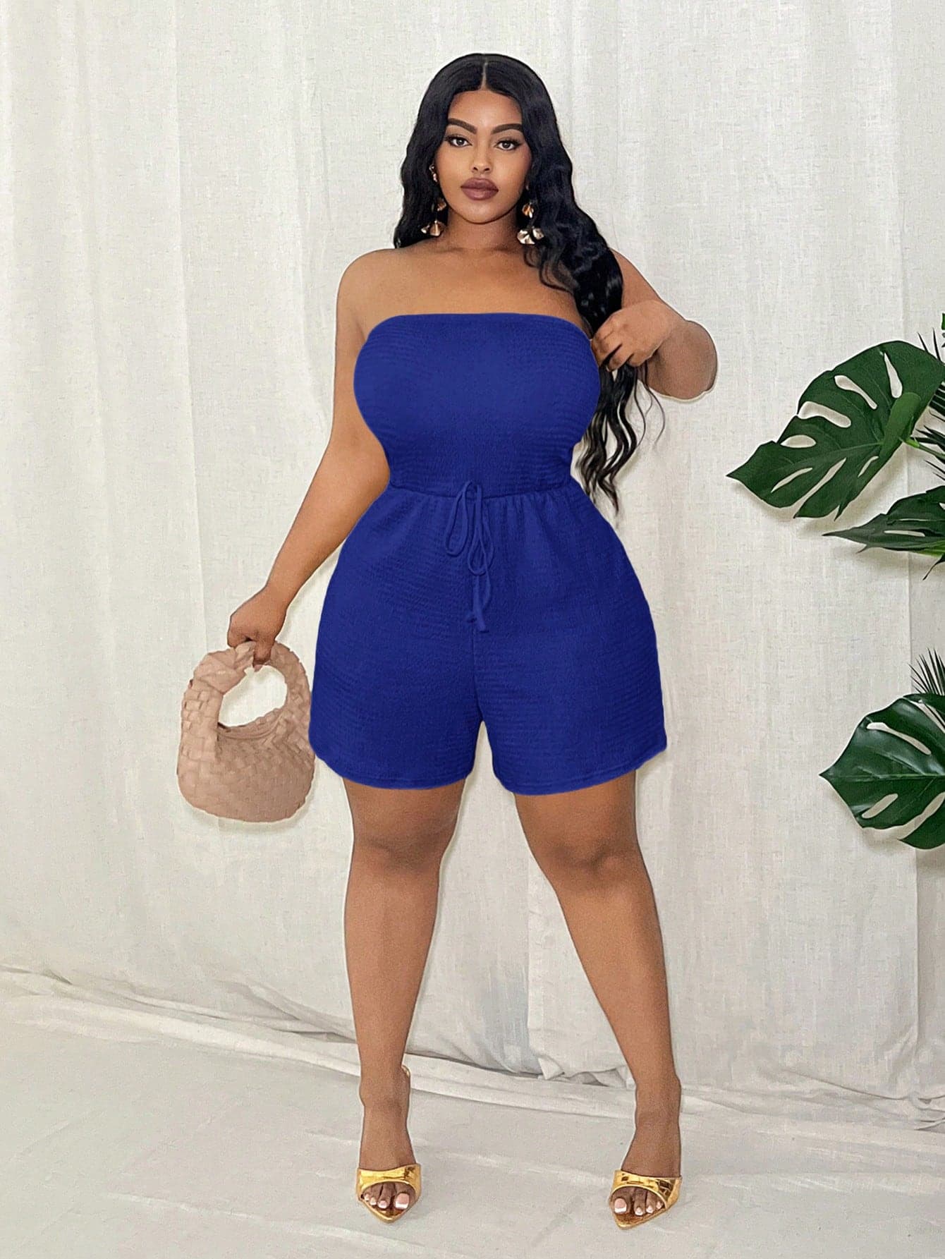 Veslaya Plus Size Women's Green Solid Color Slim Fitted Sleeveless Jumpsuit Rope Decor Textured Knit Fabric, Casual Vacation Wear, Spring/Summer