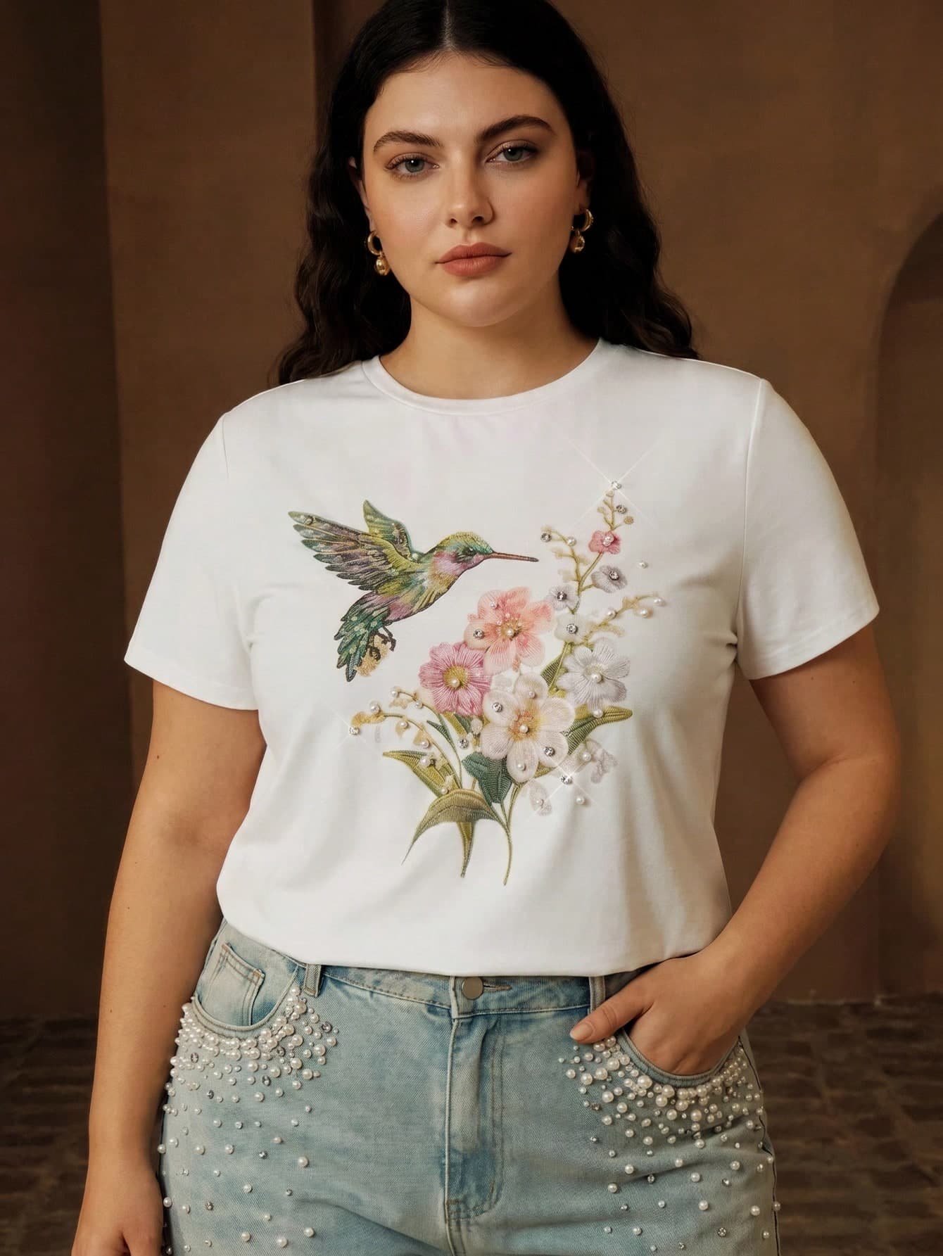 Anewsta Plus Size New Women's Summer Casual Heavy Beaded Hummingbird & Floral T-Shirt, Round Neck Short Sleeve, Elegant Versatile Slimming Top For Daily Wear