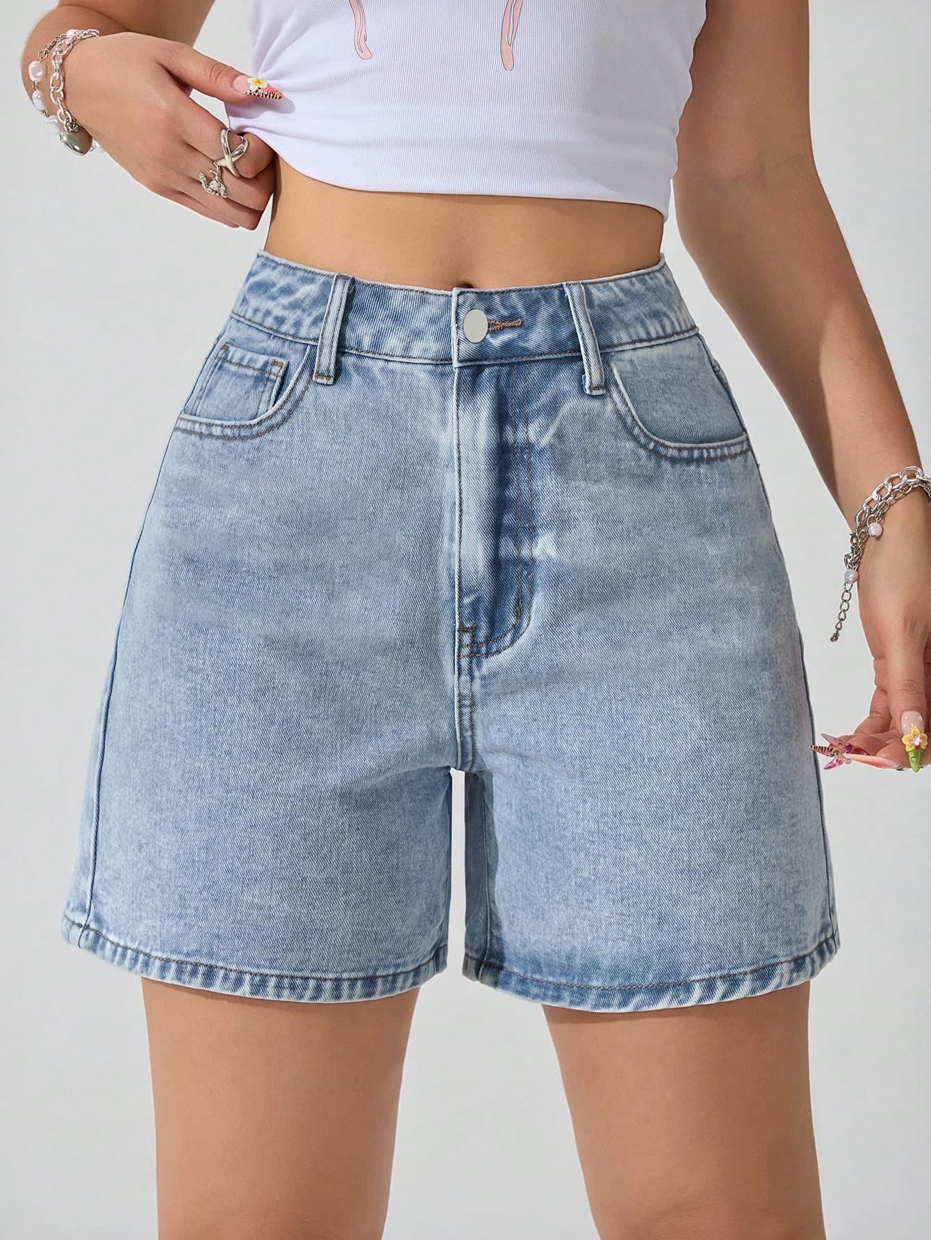 SHEIN Unity Women's Casual Washed Denim Shorts With Slant Pockets, Summer