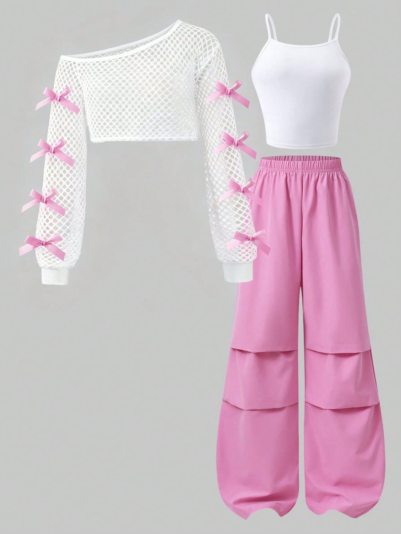 Tween Girl Spring Summer Autumn Fashion Casual Streetwear Daily Commute Fishnet Sheer Asymmetric Collar Contrast Color Bow Decor Long Sleeve Cropped Top And Camisole And Pleated Wide Leg Pants 3pcs Set