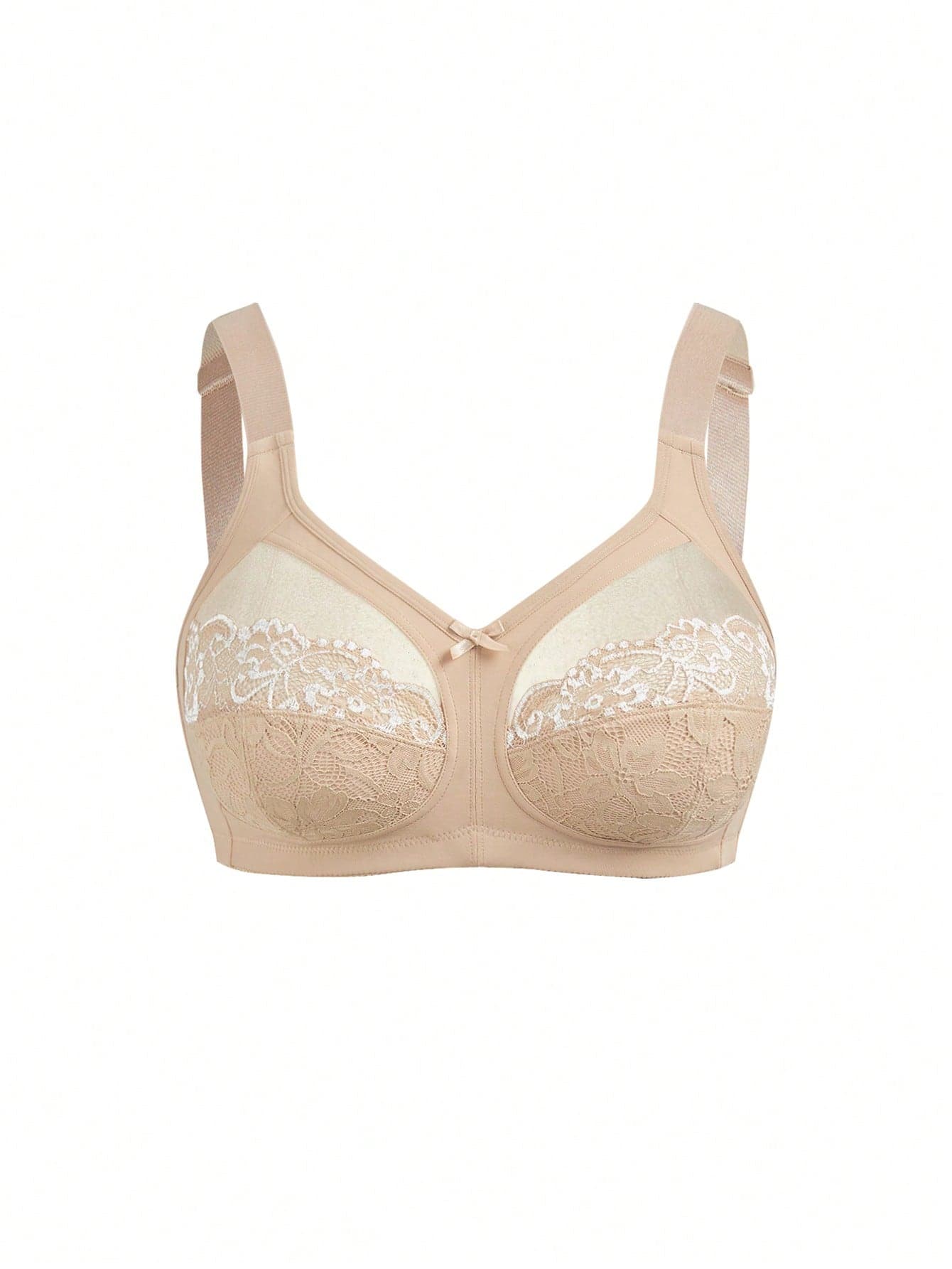 DesireSculpt Plus Size Women's Sheer Mesh & Lace Patchwork Bra,Full Coverage Non-Wired Soft Comfortable Bra,Wide Adjustable Straps,Beige,Summer,Wedding Guest