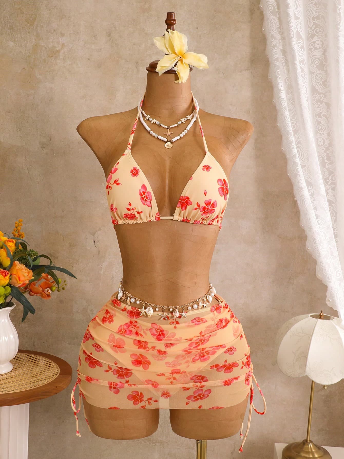 Swim Vcay Women's 3-Piece Bikini Swimsuit Set, Floral Romantic Tropical Casual Swimwear For Island Beach Vacation, Pool Party, Halter Neck Triangle Top Beige