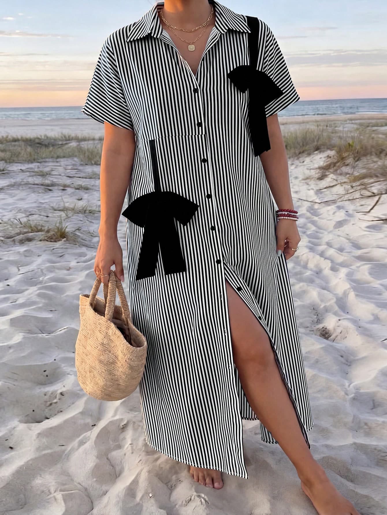 SHEIN Clasi Plus Size Women's Spring/Summer Classic Striped Fashionable Minimalist Casual Cardigan Dress Bow Design Personalized Fitted Shirt For Work