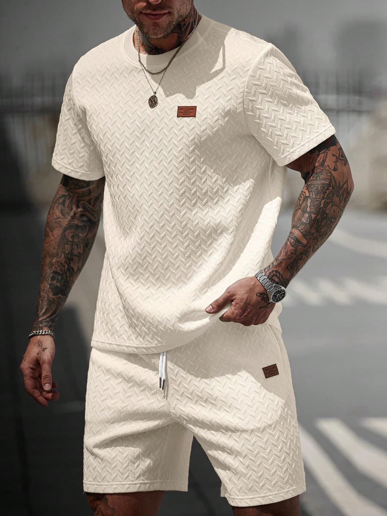 Manfinity Homme Men's V-Neck Ribbed Fabric T-Shirt+Drawstring Shorts Set Men Two Pieces Casual Short Sets 2 Summer For Sweatsuit Cream Outfit Outfits
