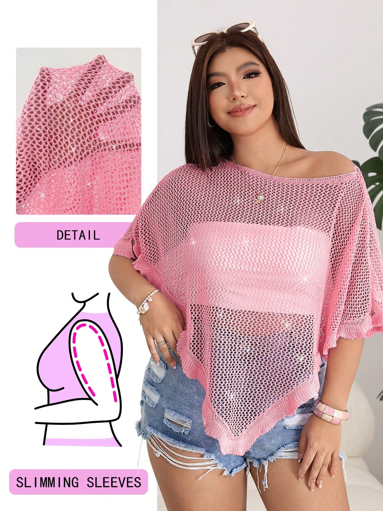 Solflare Plus Size Women's Asymmetrical Shoulder Batwing Sleeve Asymmetric Hem Cut Out Pullover Sweater