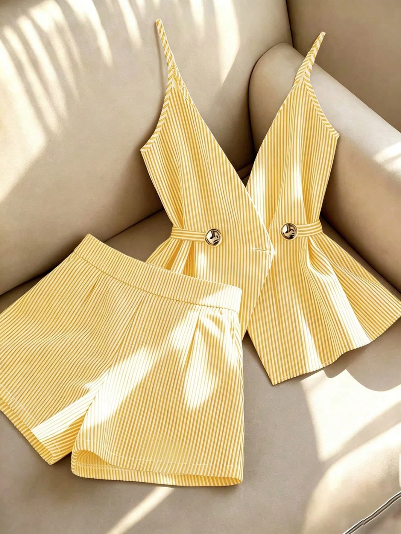 Franclia Women's Elegant Striped 2-Piece Set,White And Yellow Summer Sleeveless Camisole & Wide-Leg Pants,Casual Holiday Vacation Outfit For Spring,Daily Wear