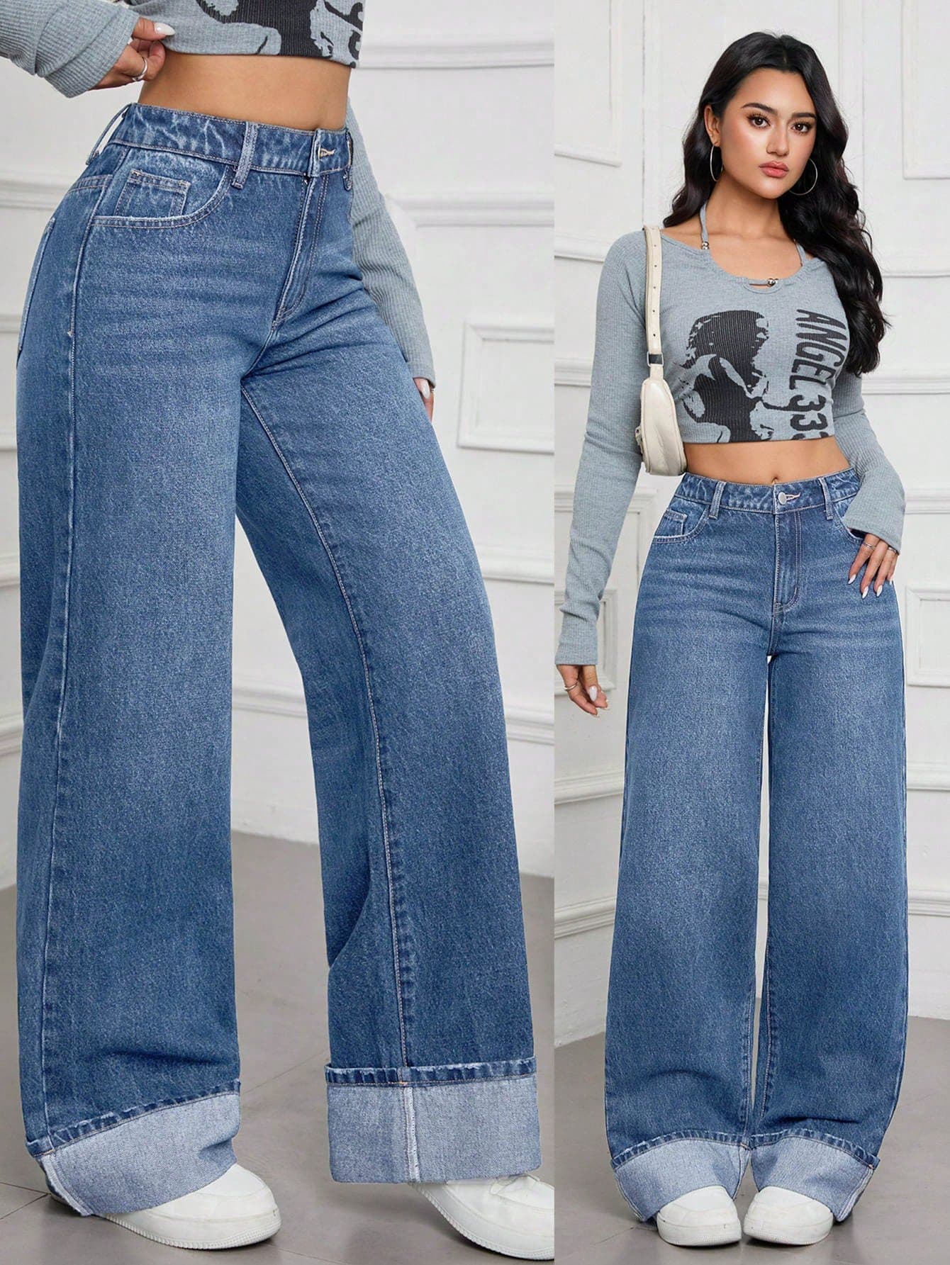 SHEIN Tall Spring To Summer Women's Casual Commuter Style With Fold-Over Cuff Design For Everyday Office Wear Solid Color Casual Denim Jeans, Tall Women