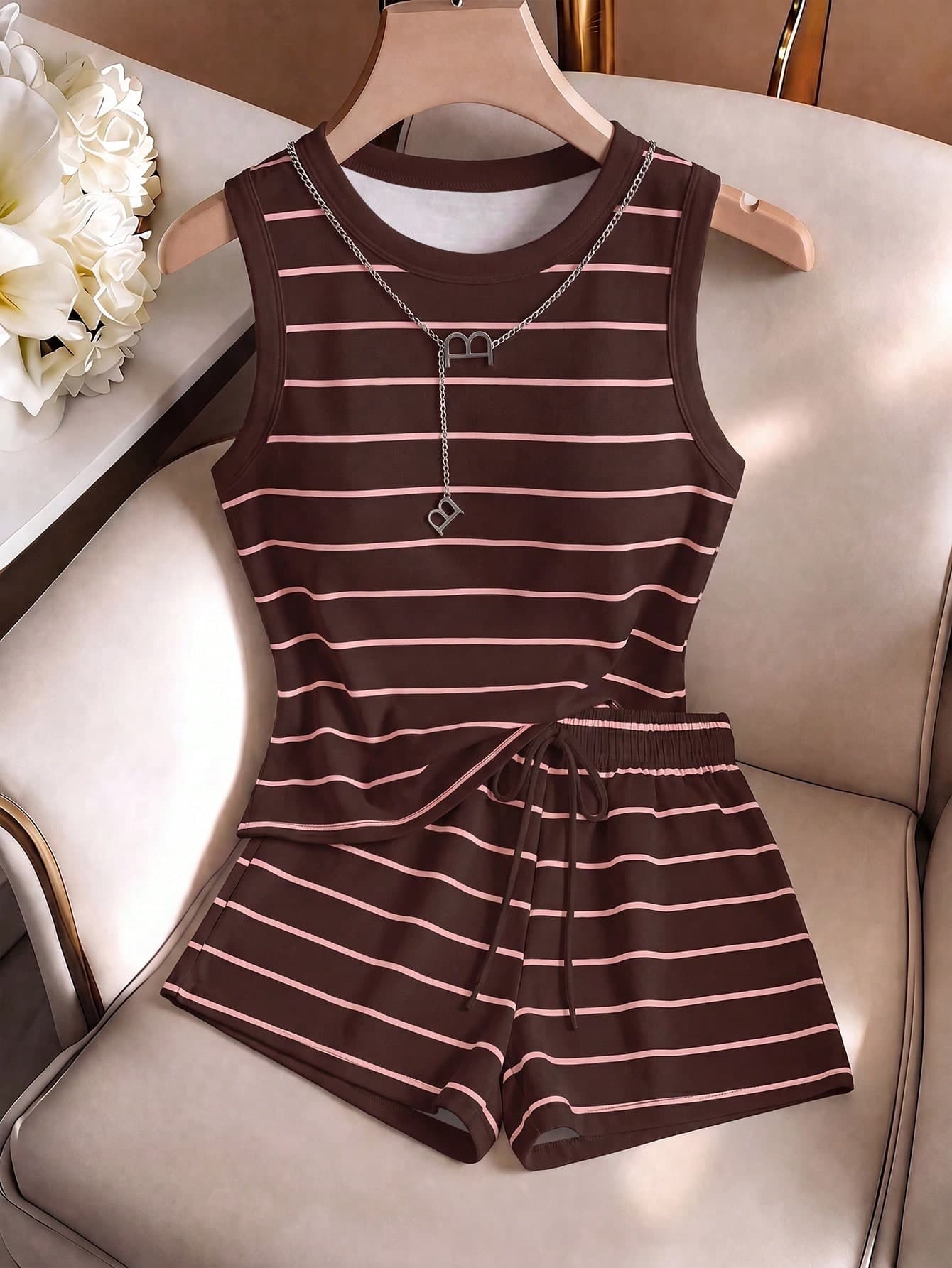 GlowEve Women's Striped Round Neck Tank Top And Waist Tie Shorts Casual Two Pieces Set