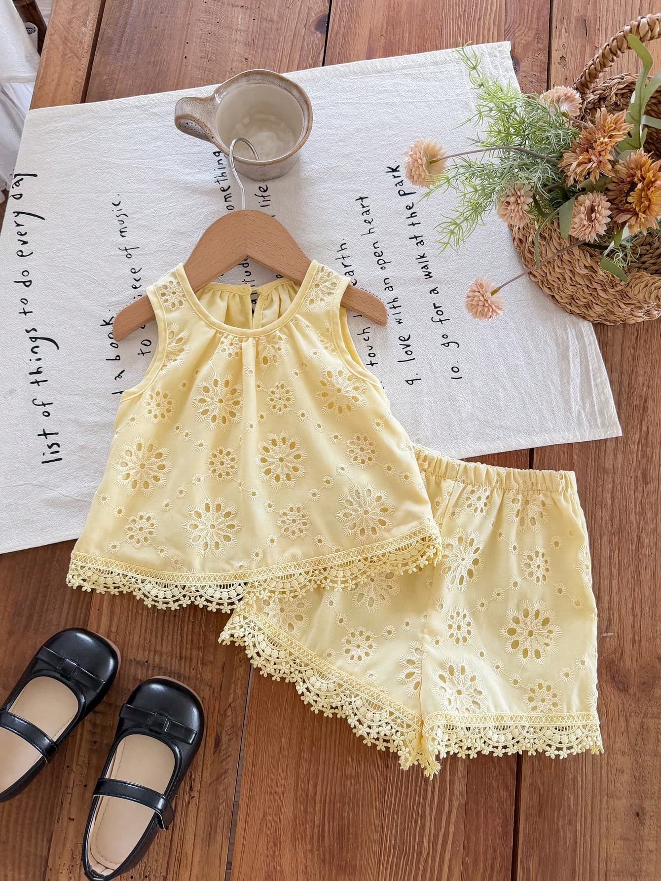 LMoss Kids LMoss Baby Girl Woven Solid Color Round Neck Regular Vest And Loose Woven Long Pants 2 Pieces Set, Suitable For Spring And Summer