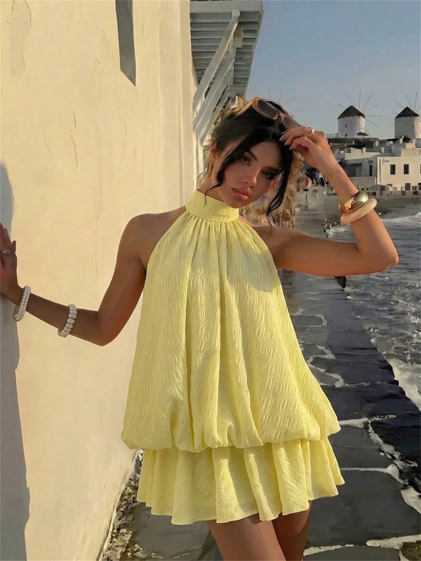Aloruh Elegant Pale Yellow Halter Tie Mini Dress,Summer Boho Holiday Vacation Women Wedding Guest Night Out Party Birthday Island Honeymoon Outfits