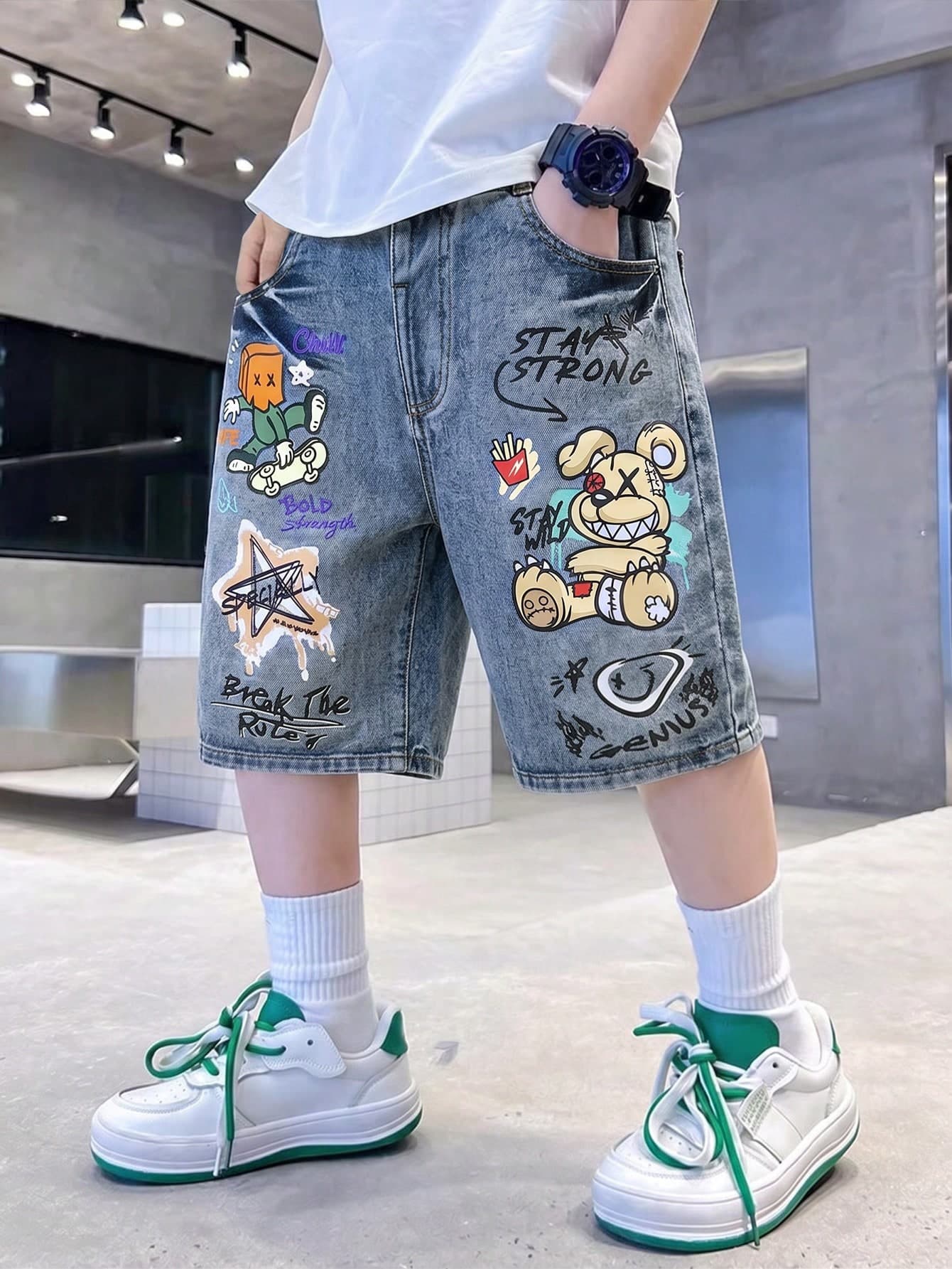 Genkimix Kids Oversized Loose Fit Denim Shorts For Teenage Boys, Summer, Featuring Graffiti, Game Console, Cartoon Bear Star Prints, Blue, Comfortable Streetwear