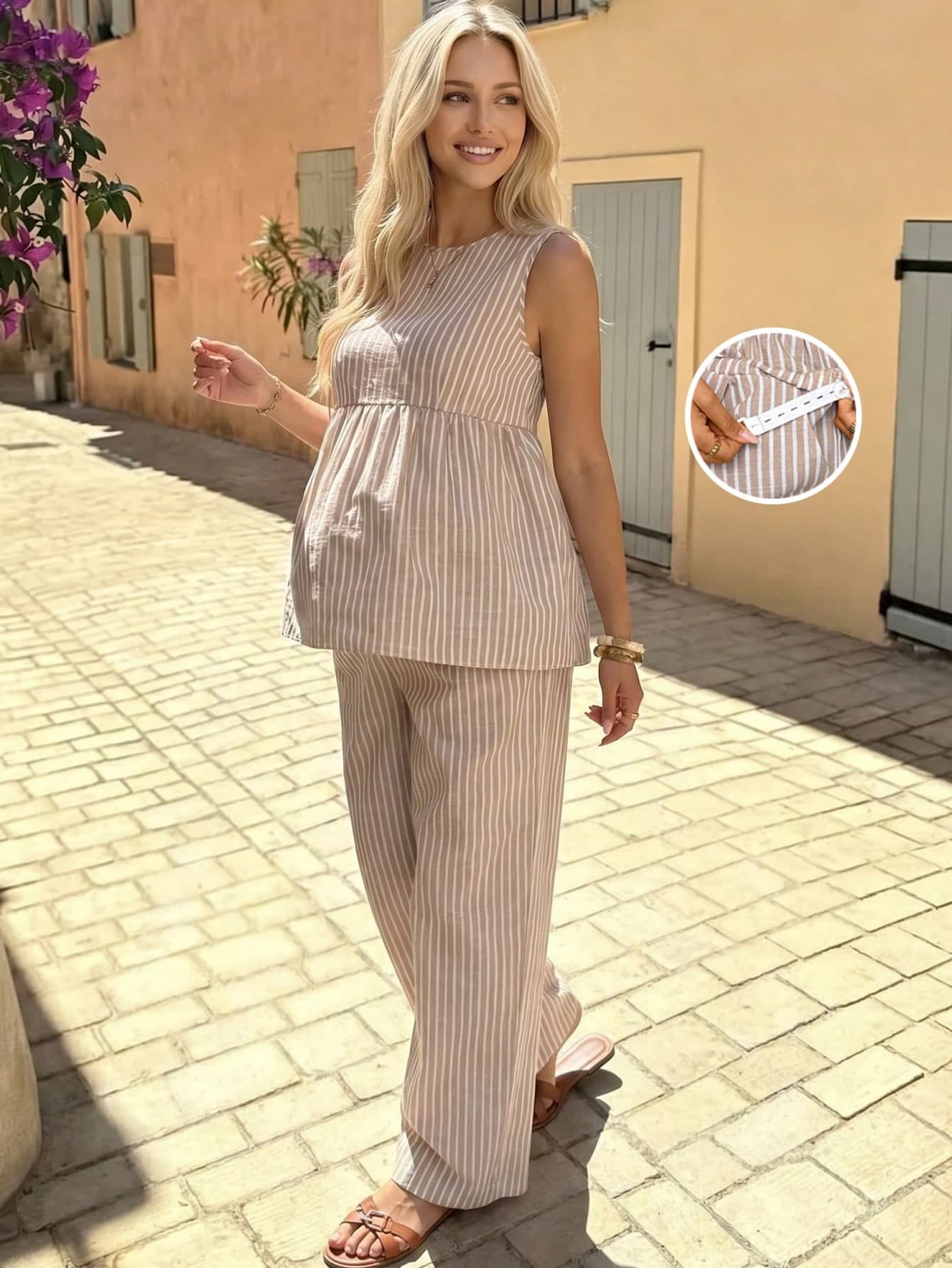 SHEIN Maternity Women's Vacation Casual Striped Tank Top And Pants 2 Pieces Set Summer Outfits