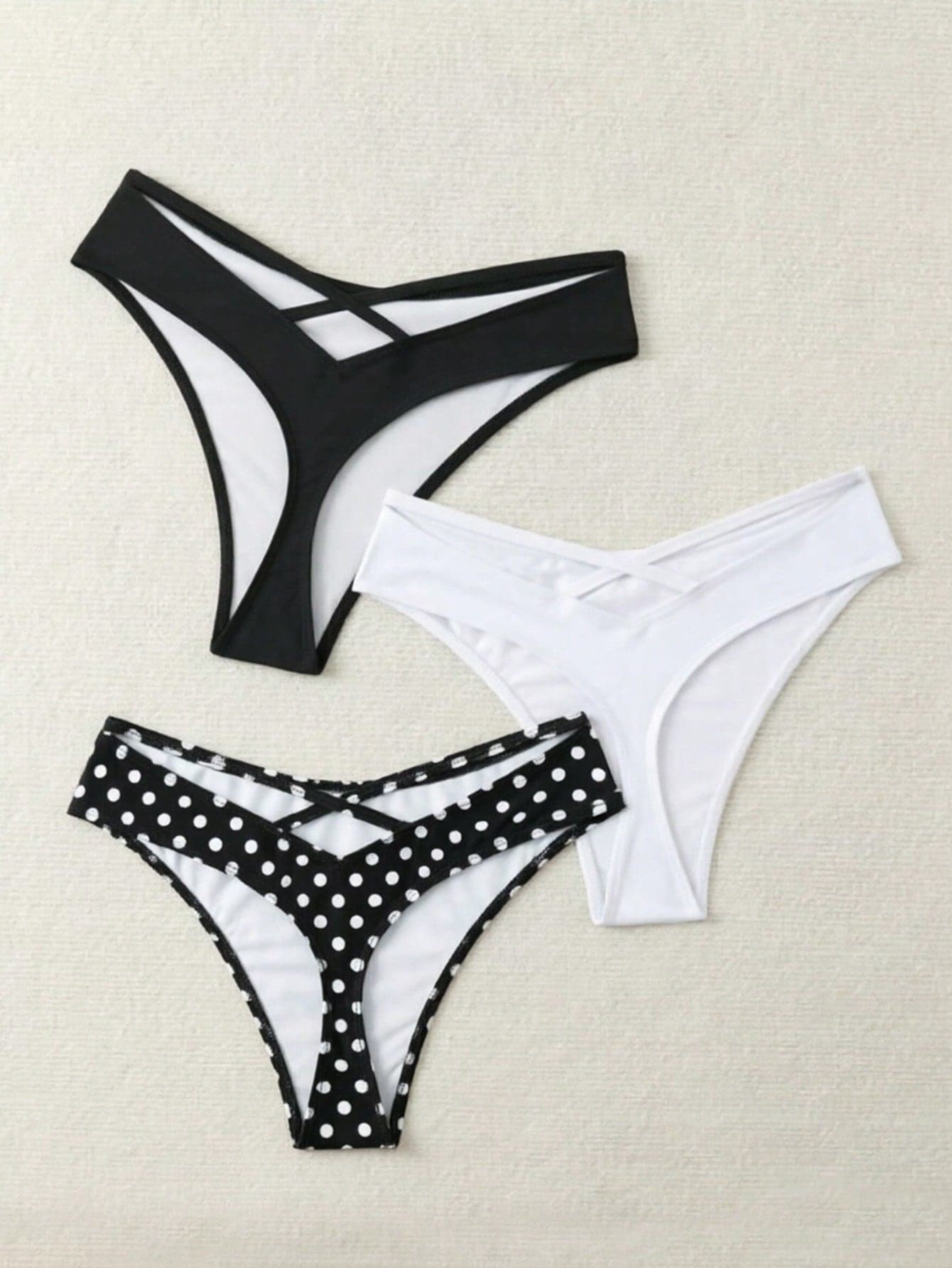 Swim Vcay Plus Size 3pcs Swimsuit Bottoms Thong Back Crisscross Random Print Minimalist Women's Vacation Beach Wear