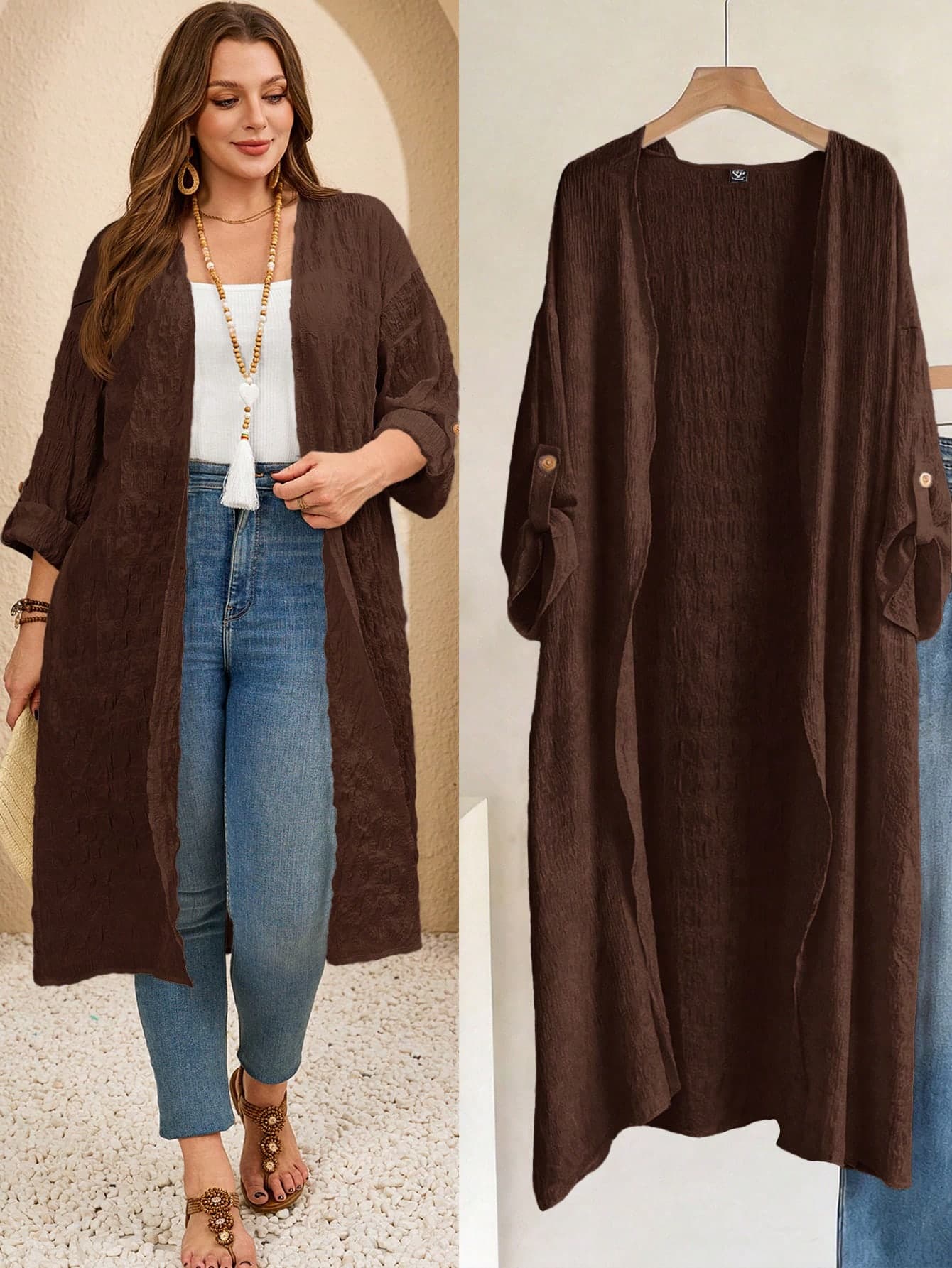 EMERY ROSE Plus Size Women's Rolled Sleeve Long Casual Whimsical Open Front Jacket Summer Spring Clothing Beach Office Hiking Outfits Vacation Outfits Autumn