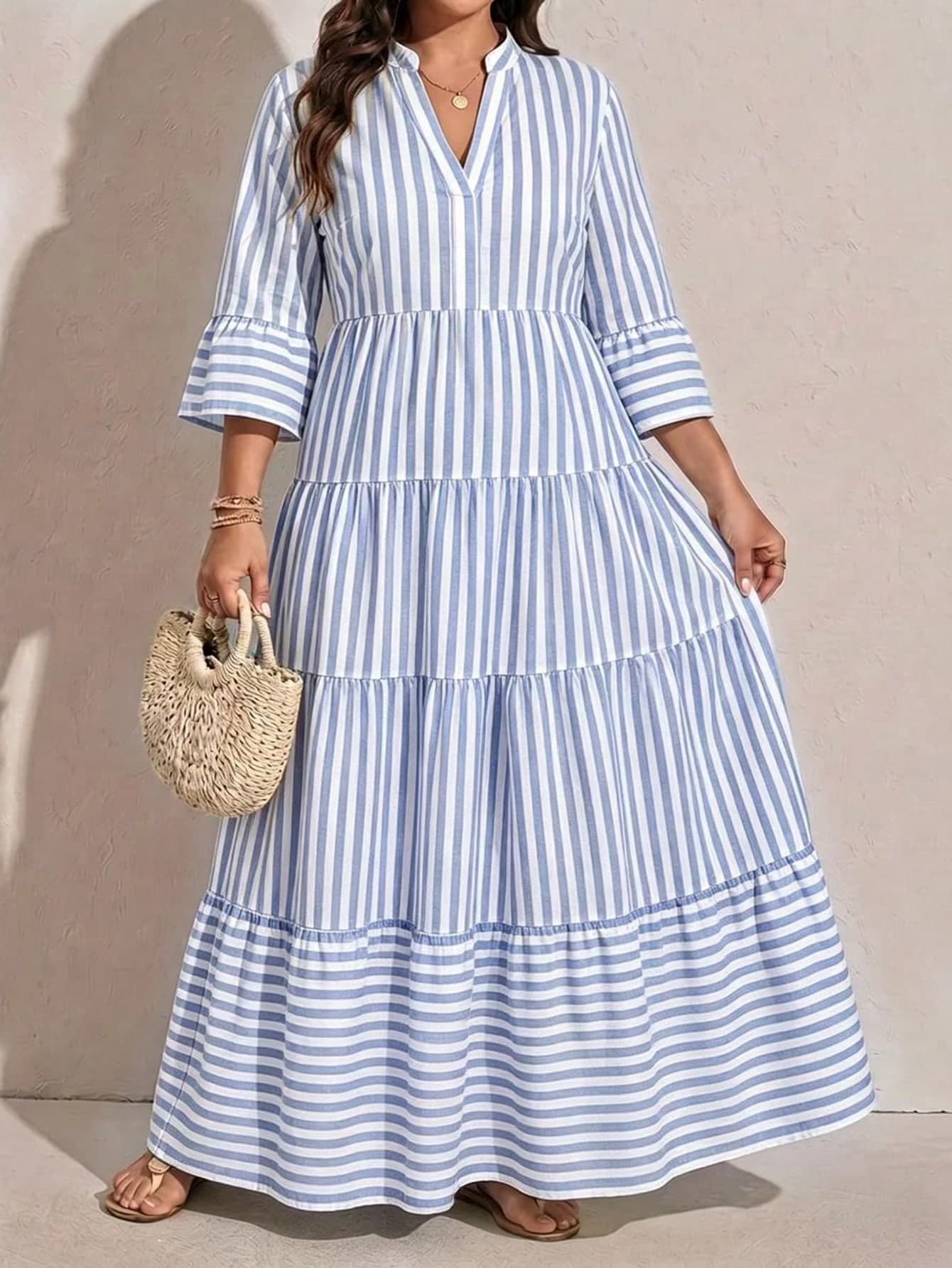 SHEIN LUNE Plus Size Casual Minimalist Striped Ruffle Hem Dress Fall