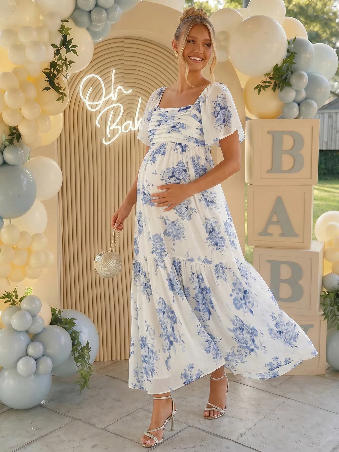 Loomaby Maternity Square Neck Short Sleeve Floral Print Pleated Dress Dress Gender Reveal Dress Maternity Dress Baby Shower Dress