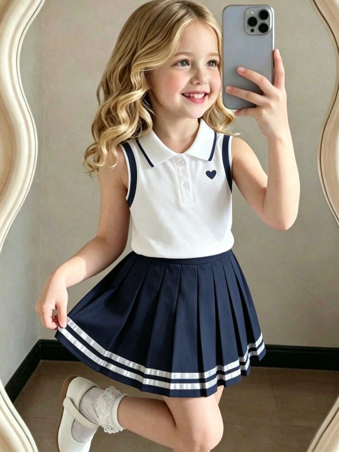 SHEIN Elladie kids 2pcs Set Young Girl School Style Heart Print Lapel Sleeveless Top And Pleated Skirt With Ribbon Trim, Suitable For Summer Back To School Season