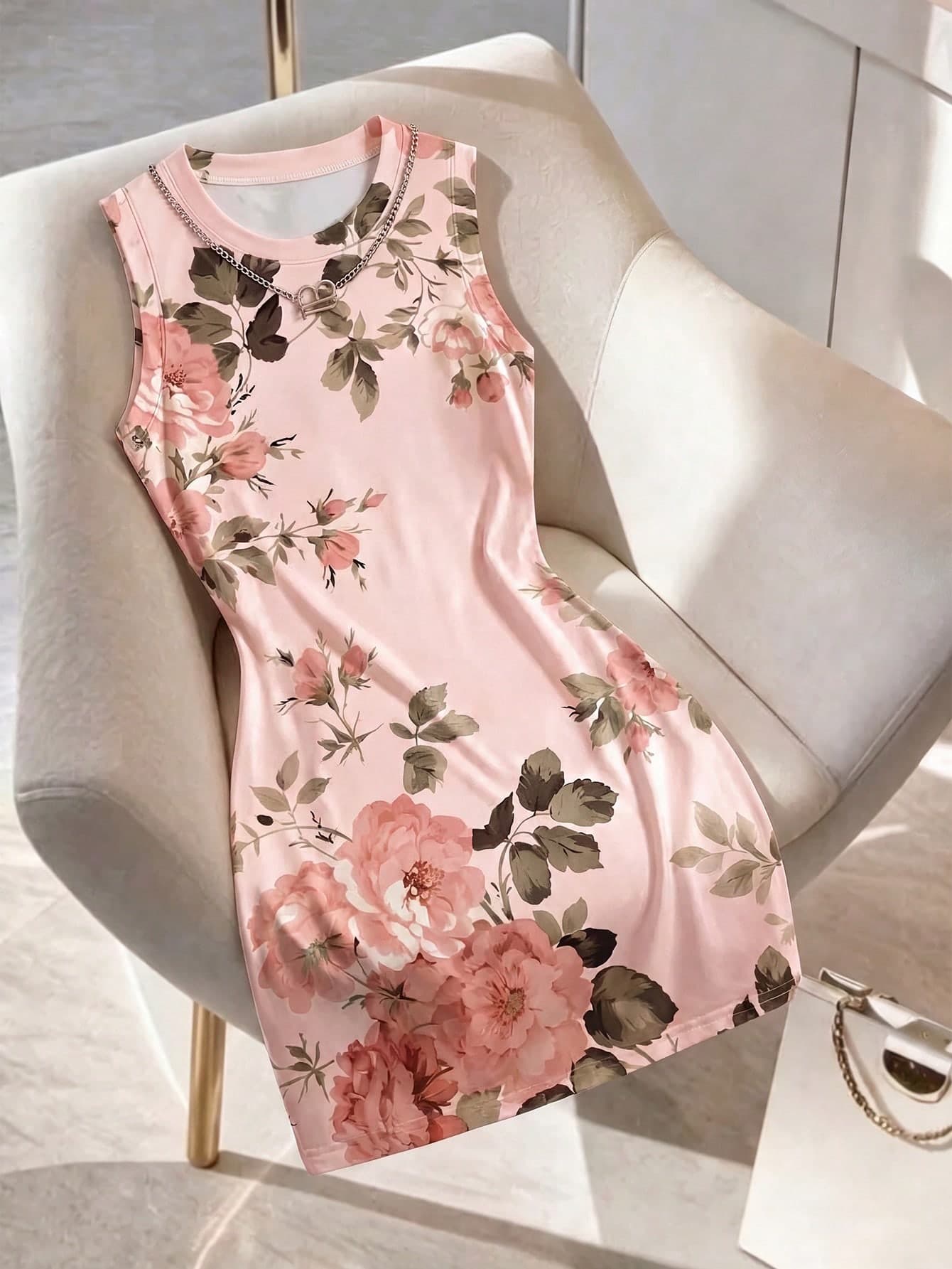 Franclia Hot-Selling Casual Women's Floral Round Neck Sleeveless Dress