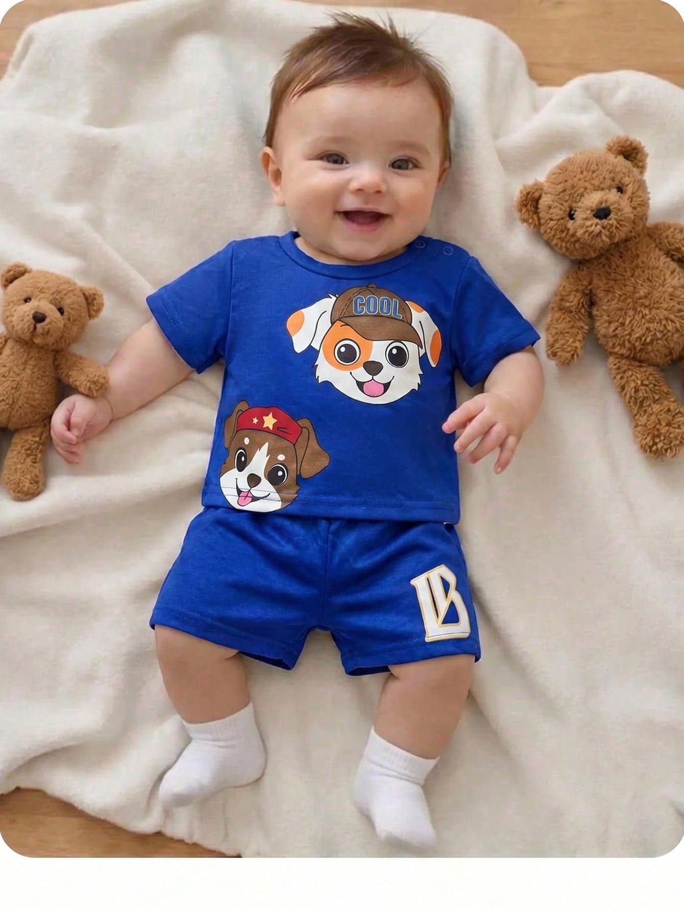 Newborn Baby Boy Cute Summer Knit Cartoon Pattern Short Sleeve T-Shirt & Shorts Set