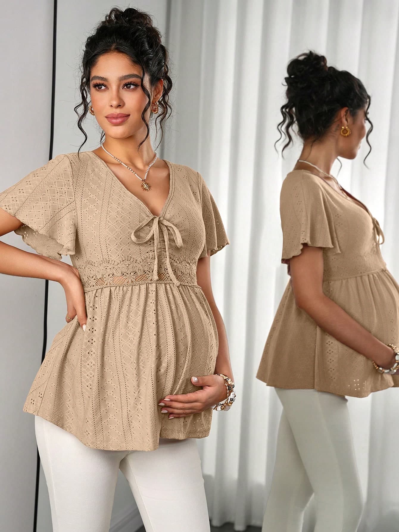 Momance Hollow Embroidery Ruched Chest Gathered Decor Strip Elegant Cute Casual Maternity T-Shirt