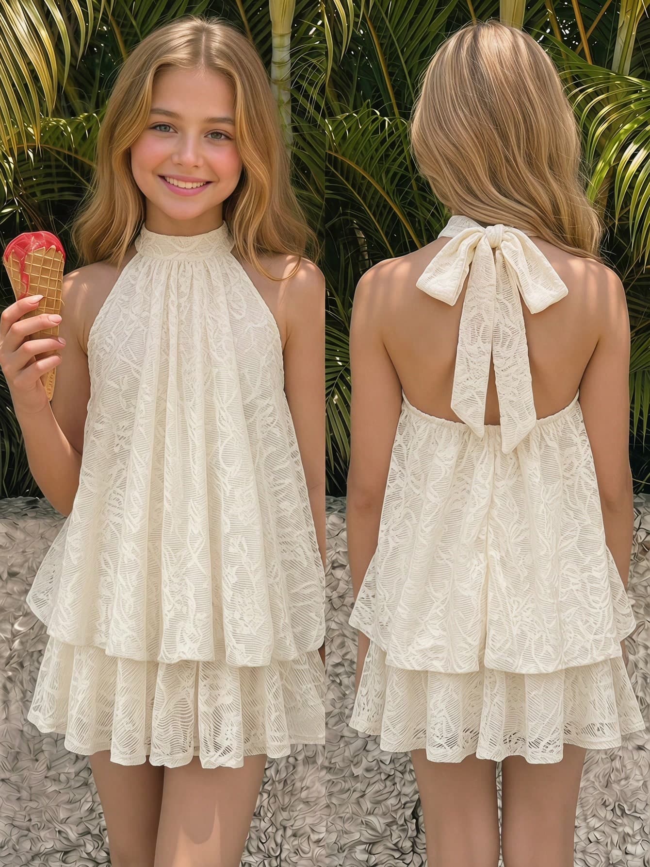 SHEIN Tween Girls Solid Ivory Lace Knit Fabric Halter Dress, Princess Style, Versatile For Formal Occasions, Vacation, Casual Outings, Suitable For Any Occasion, Matching Sister/Family Sets, Cute Girls Outfit