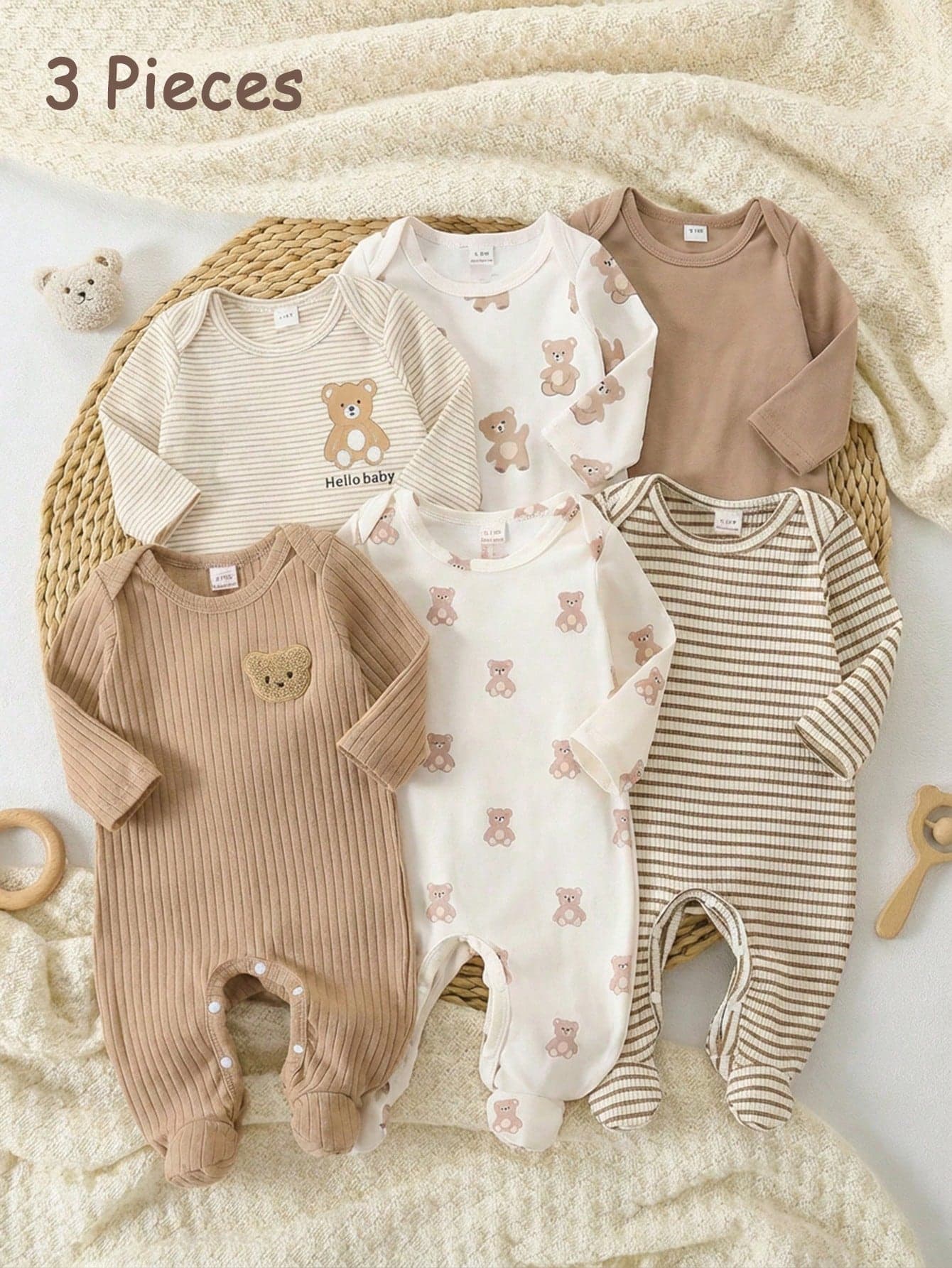 SHEIN 3-Pack Baby Newborn One-Piece Footed Rompers,Long Sleeve Cotton Pajamas For Autumn,Cute Family Matching Brown And White Polka Dot,Striped Bear Print