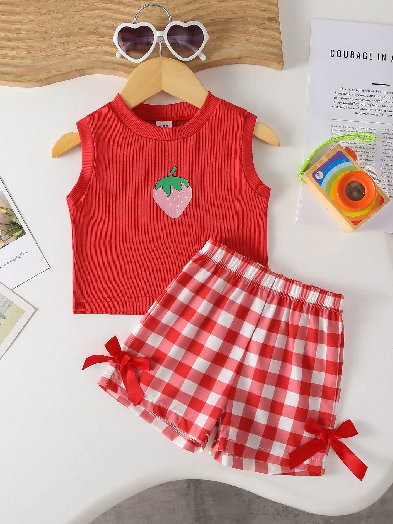 SHEIN Playful Pals BABY GIRL Summer Blue Set Textured Sleeveless Top Blue Plaid Shorts Decorated With Blue Bows Daily Outing Essential