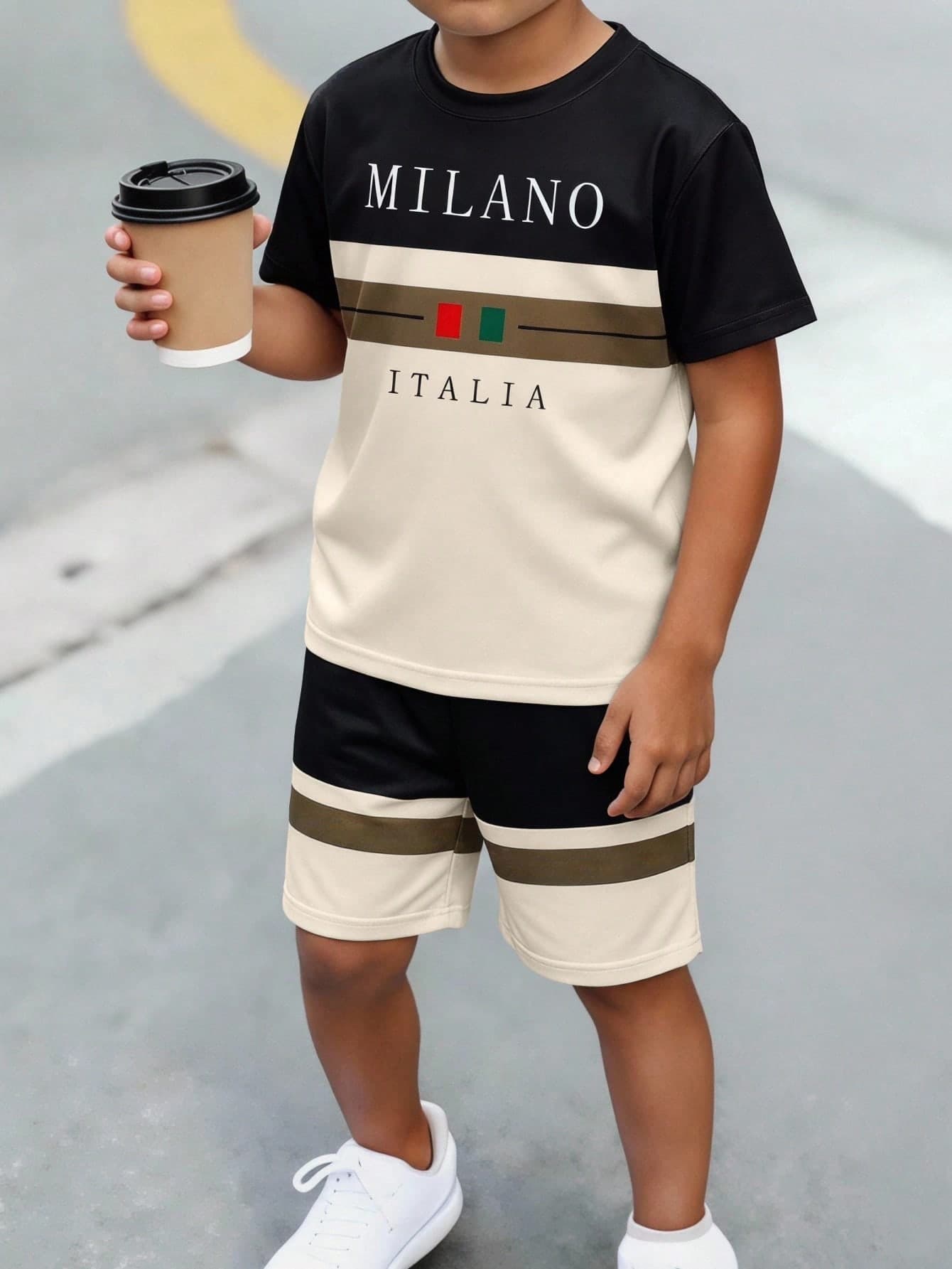 2pcs Tween Boys' Knit T-Shirt And Shorts Set, Soft And Comfortable Fabric, Suitable For Outings, Photo Shoots, Sports, School, Summer And Various Occasions, Fashionable And Stylish Summer Essential Outfit
