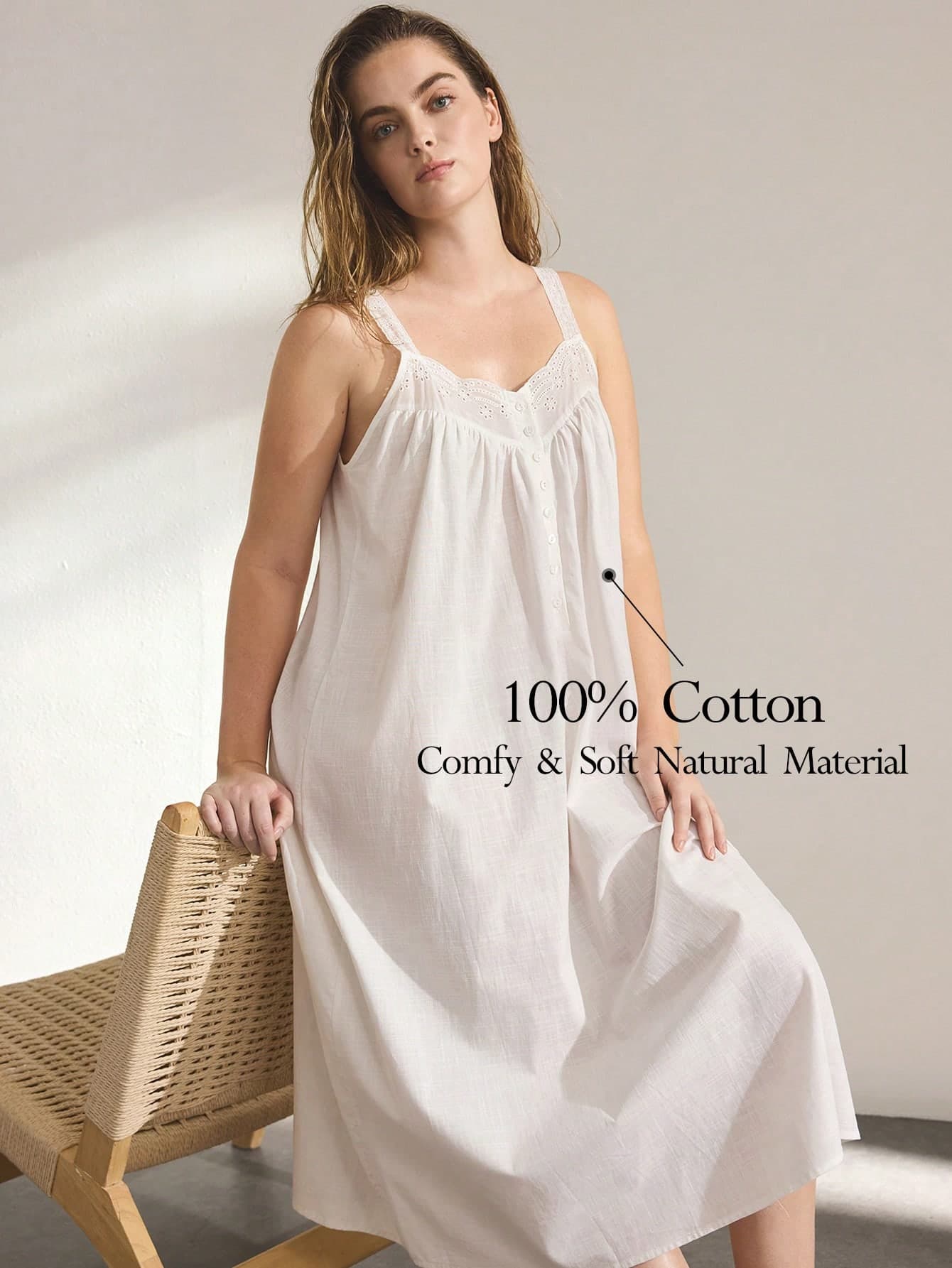 Ocili Soft Cotton Floral Embroidery Hollow Button Design Nightgown, Comfortable Home Dress For Plus Size Women