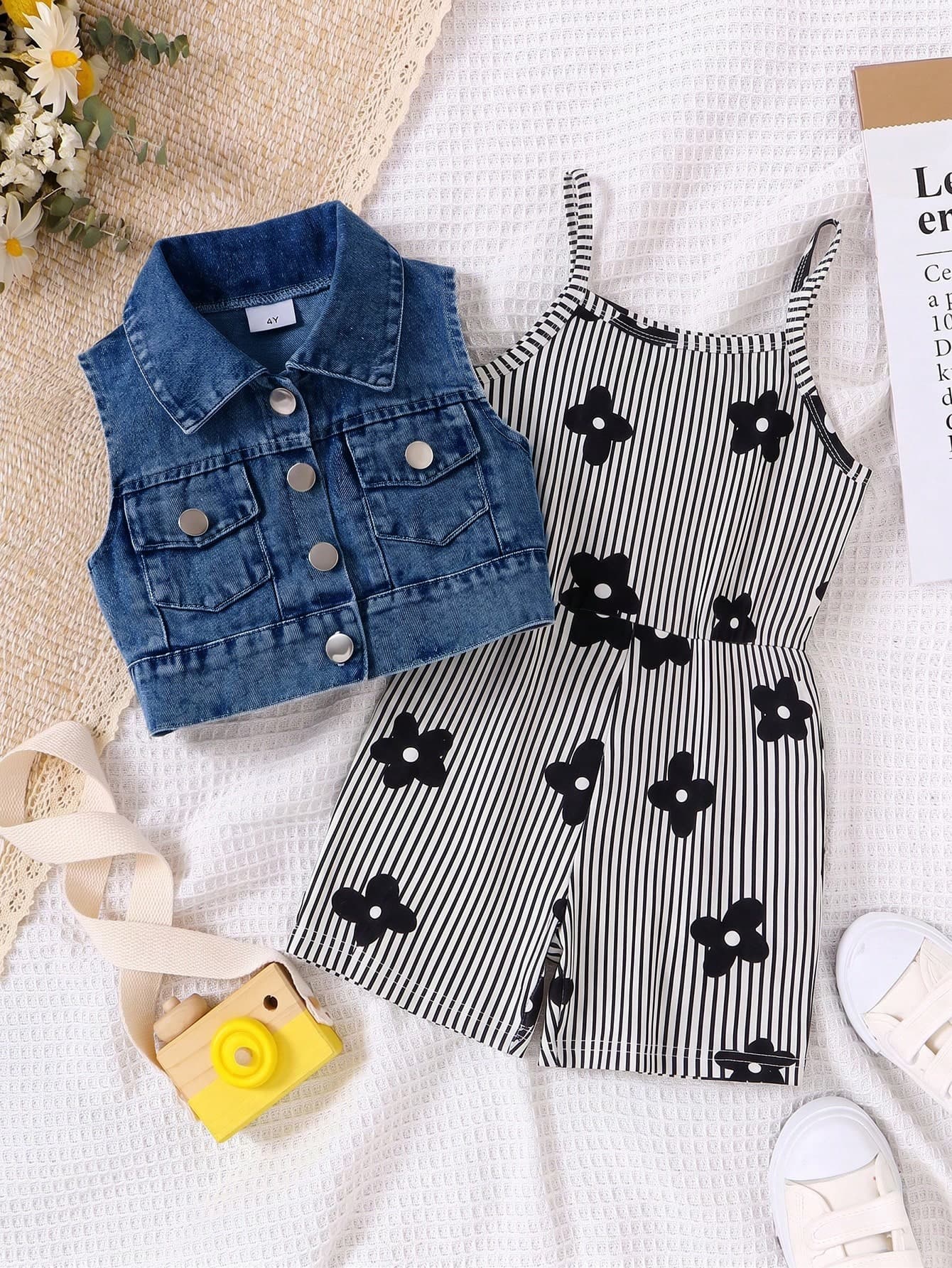 SHEIN Genkimix Kids Young Girls White Denim Open-Front Sleeveless Vest Jacket, Striped Floral Print Suspender Jumpsuit 2-Piece Set,Spring Autumn Children's Clothing