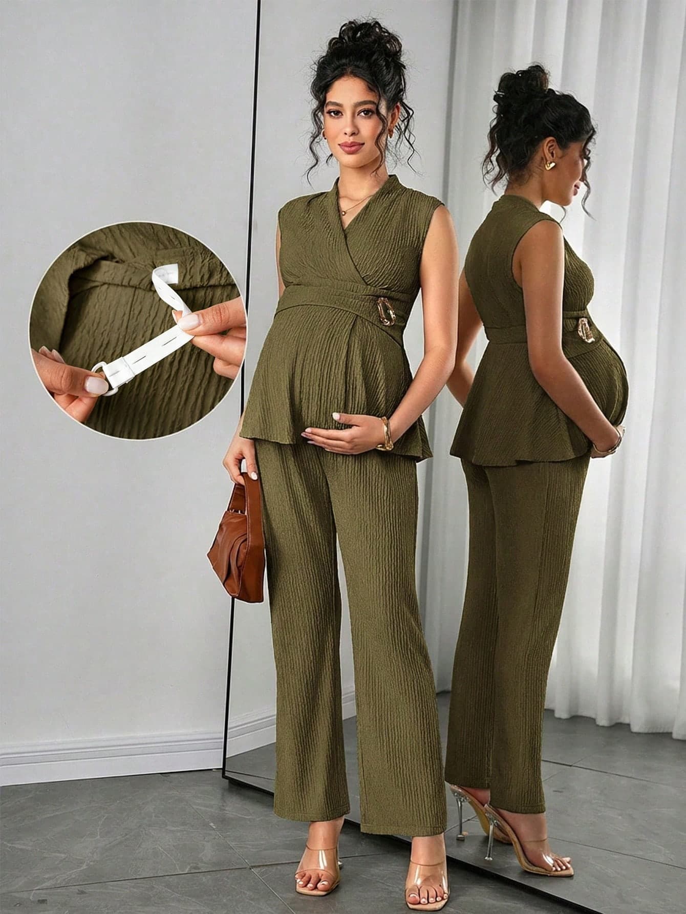 Momance 2pcs Maternity Set: Sleeveless V-Neck Top With Waist Ruching And Asymmetric Hem, Elastic Waist Straight Leg Pants, Knit Jacquard Fabric