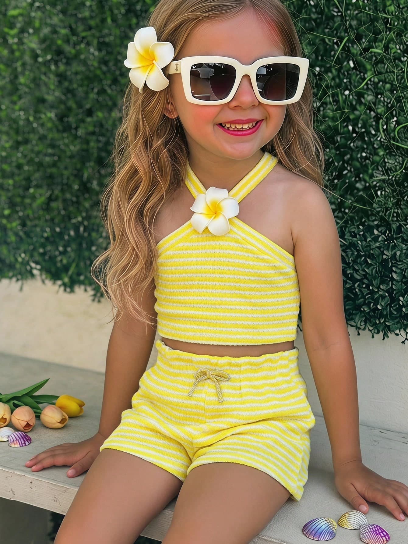 Emery Rose Kids Emery Rose Kids 2pcs/Set Young Girl Knitted Striped 3D Flower Sleeveless Top And Shorts Set, Casual Summer Beach Holiday Outfits For Young Girls Ribbed Knit Yellow