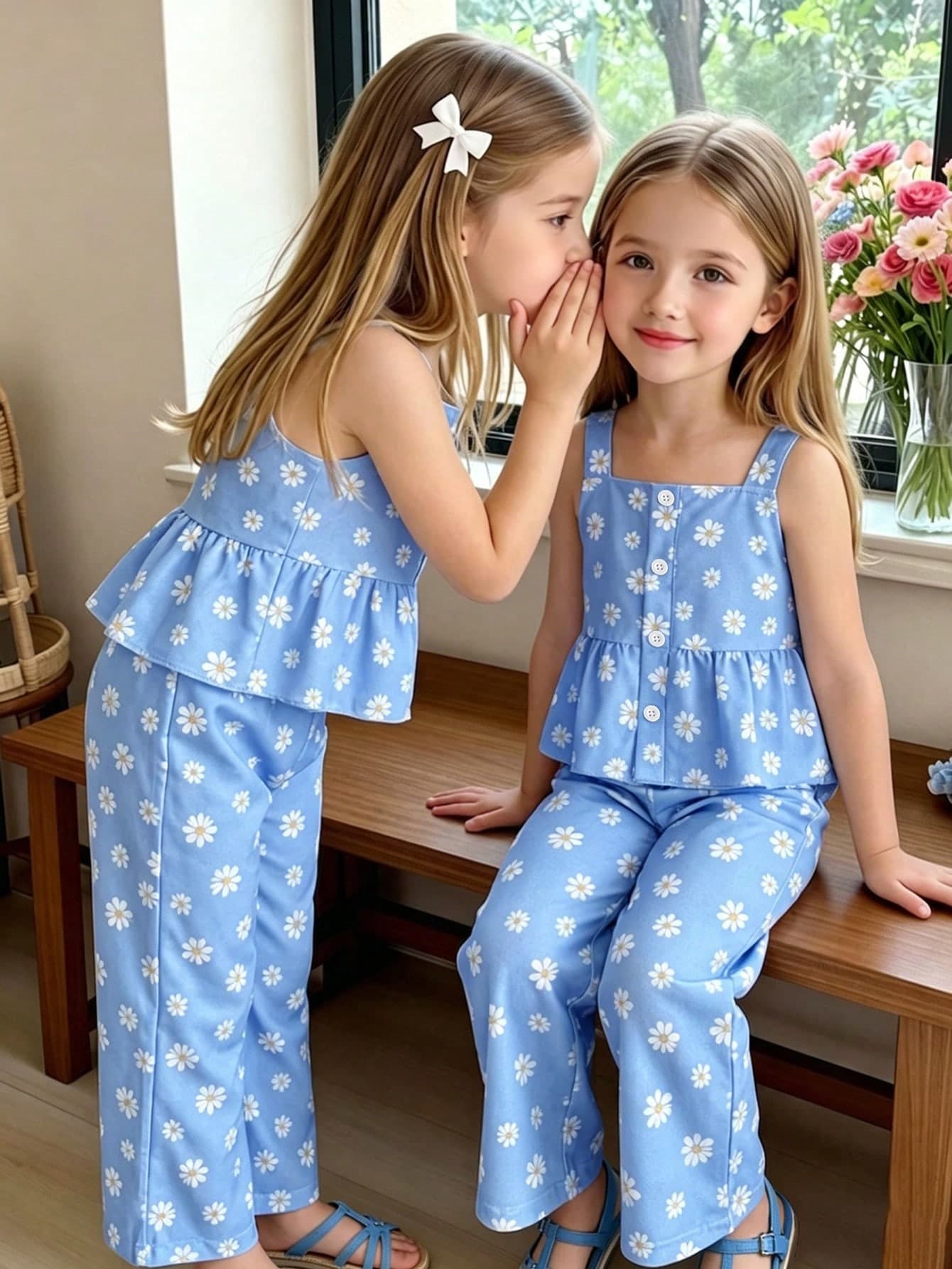SHEIN Genkimix Kids Young Girls Summer Casual 2-Piece Set, Cute Daisy Print Ruffle Hem Camisole Top & Wide Leg Long Pants, Suitable For Sister Gatherings, Vacation, Travel And Daily Wear Sweet Bohemian Pastoral Style Outfit