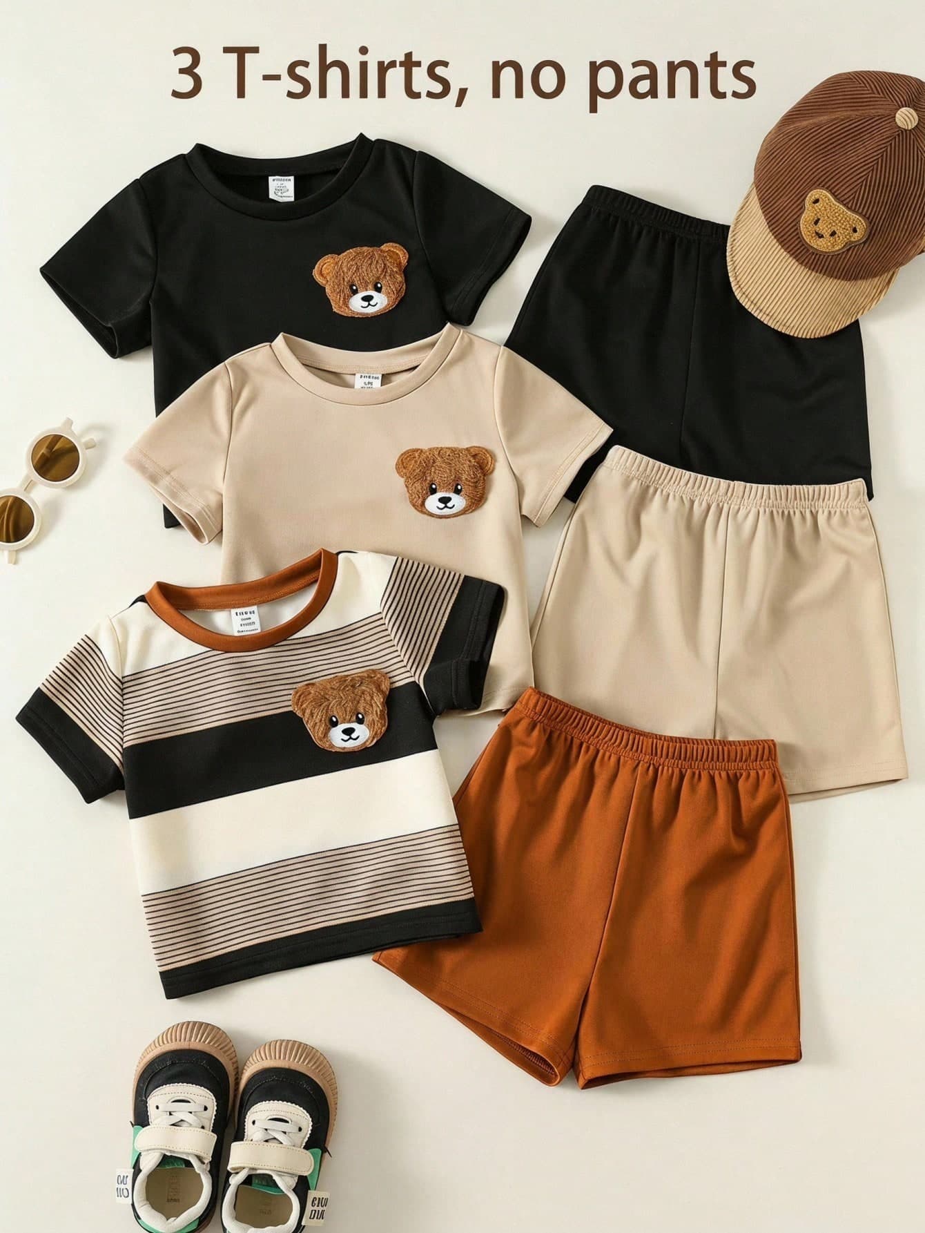 SHEIN 3pcs/Set Baby Boy Unisex Cute Bear & Stripe Print Short Sleeve T-Shirt Knit Top Casual, Spring/Summer Unisex Baby Clothes