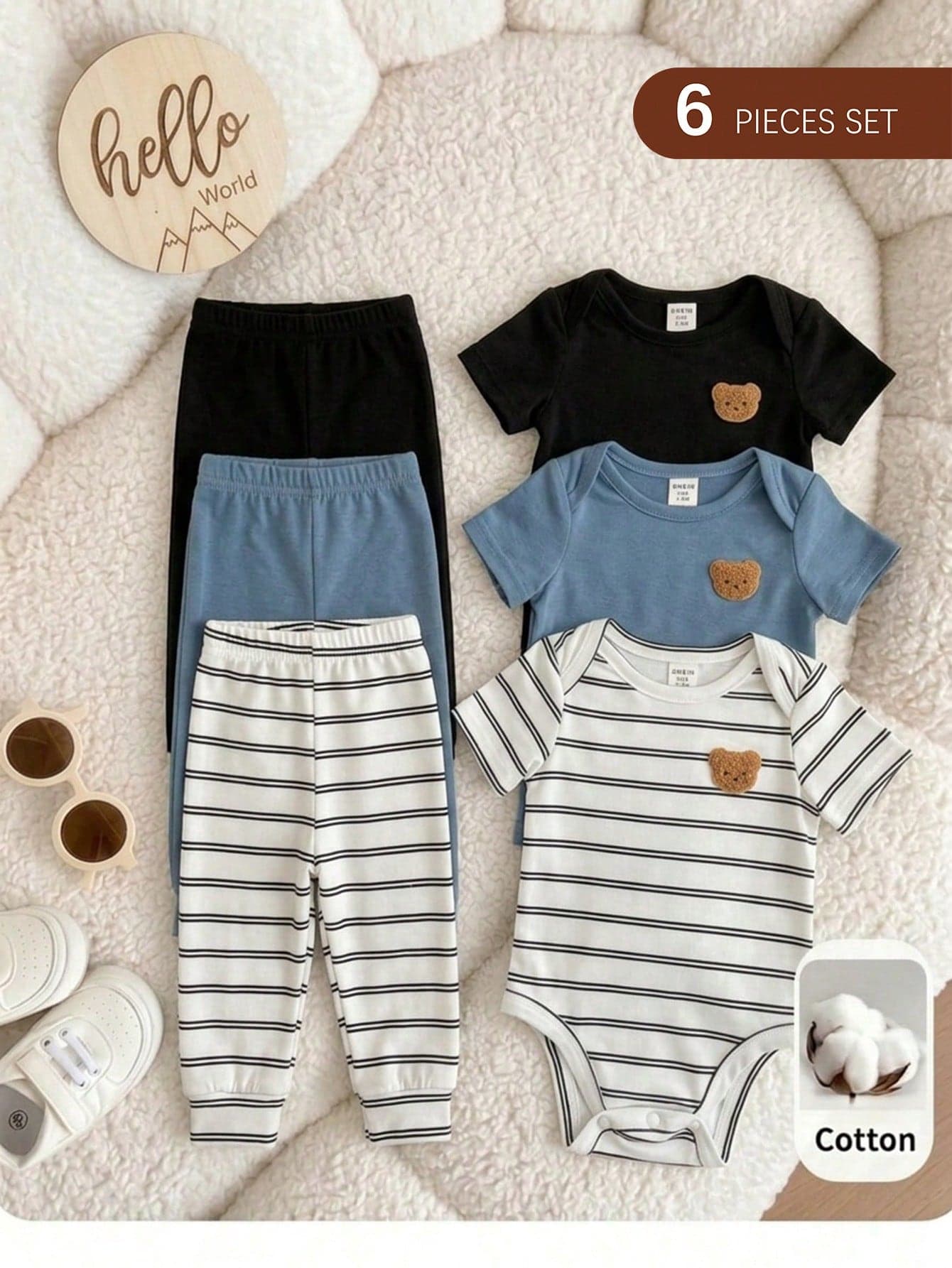 6pcs Newborn Baby Boy Girl Black And White Striped Summer Set,Cute Casual Knit Short-Sleeved Romper And Pants,Unisex Family Matching Infant Outfits
