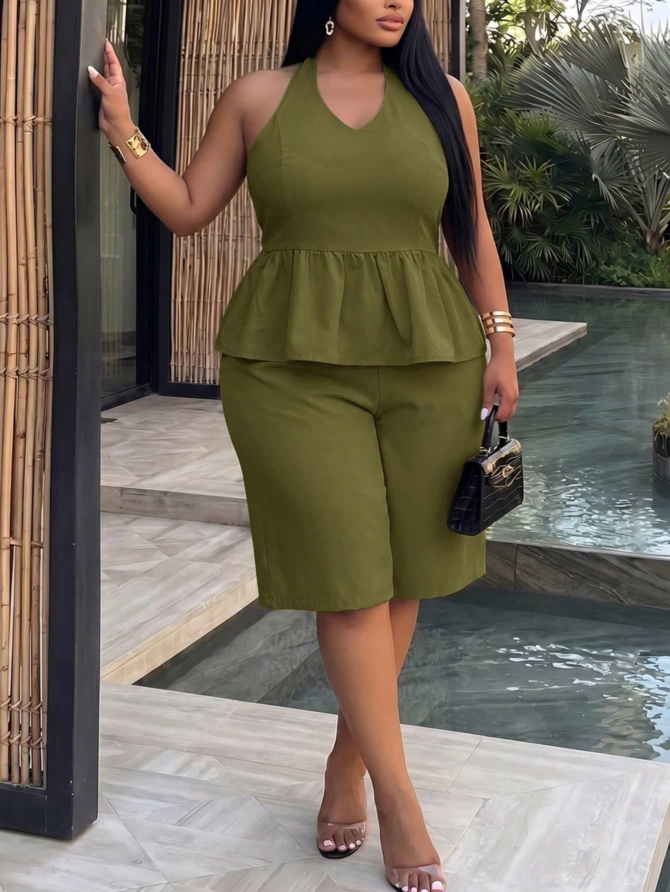 Veslaya Plus Size Solid Color Halter Neck Backless Top And Shorts Casual 2-Piece Set