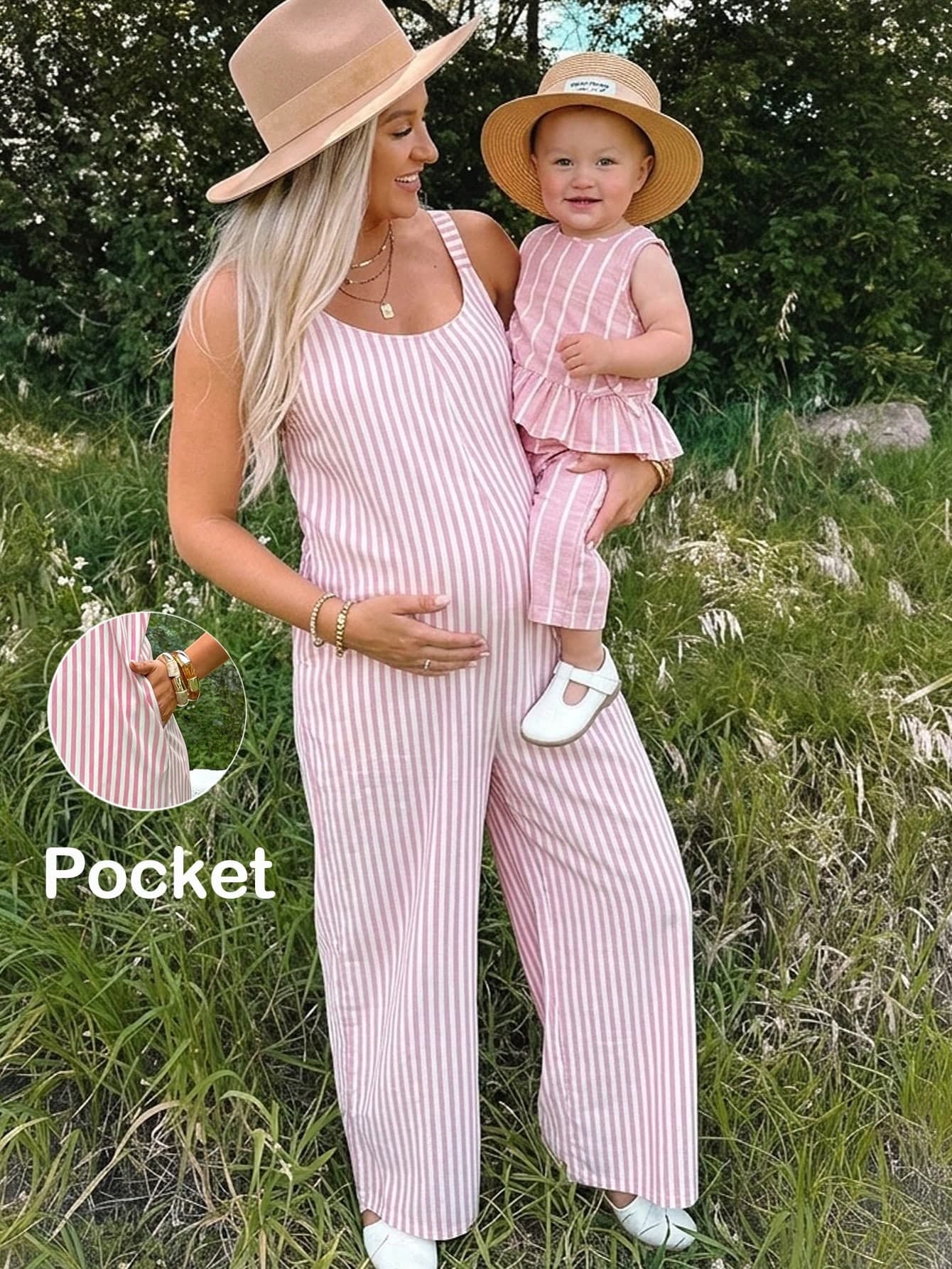 SHEIN Maternity Sleeveless Scoop Neck Jumpsuit With Pockets, Loose Fit Beach Outfits Casual Outfits Pink