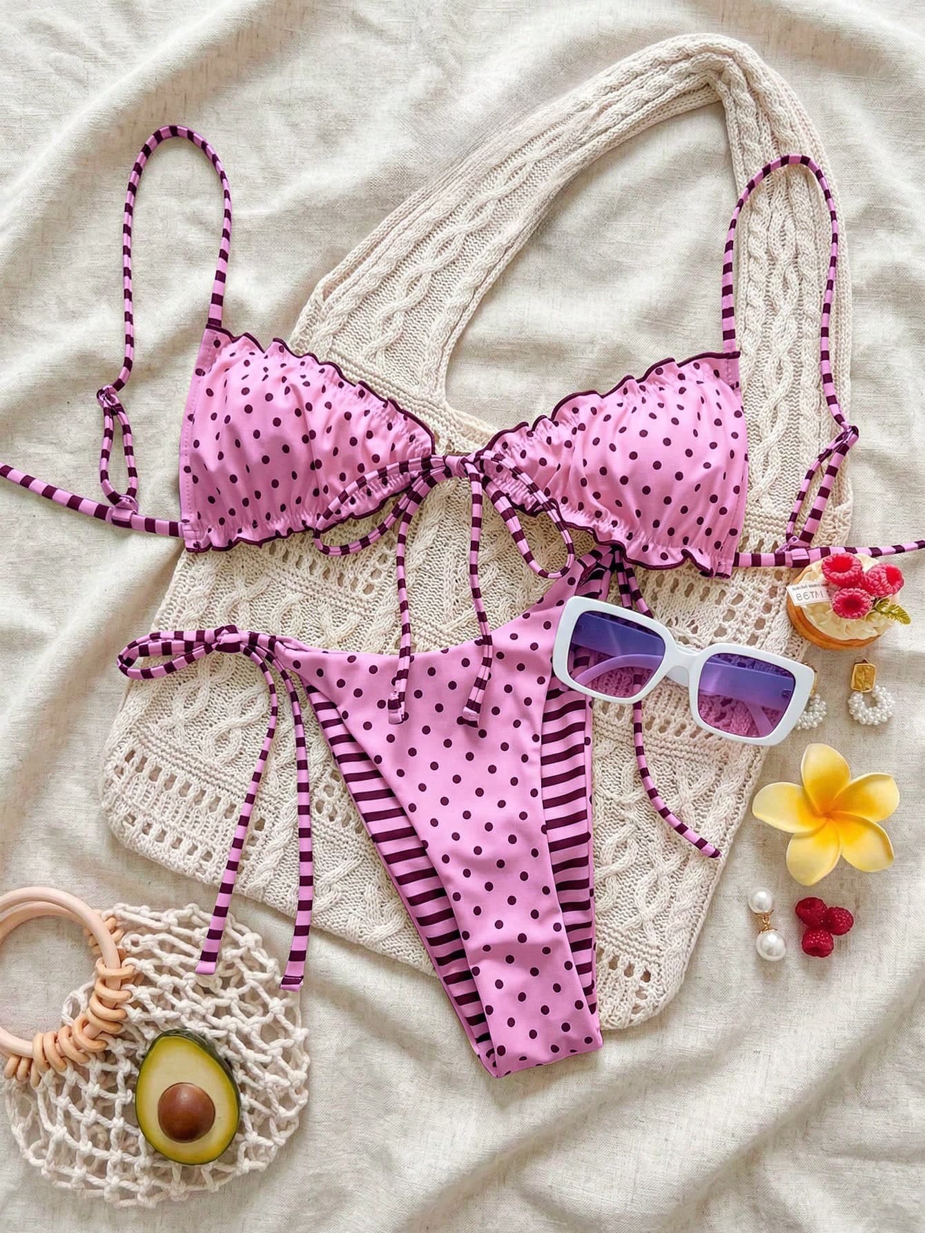 Swim Mod 2026 New Plus Size Mod Bikini Set, Cute Polka Dot Striped Women's Swimwear For Summer Beach, European And American Style Sexy