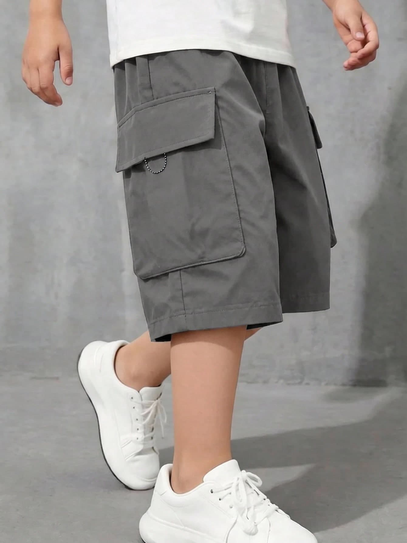 SHEIN Teen Boy Solid Color Elastic Waist Summer Casual Wide Leg Cargo Shorts