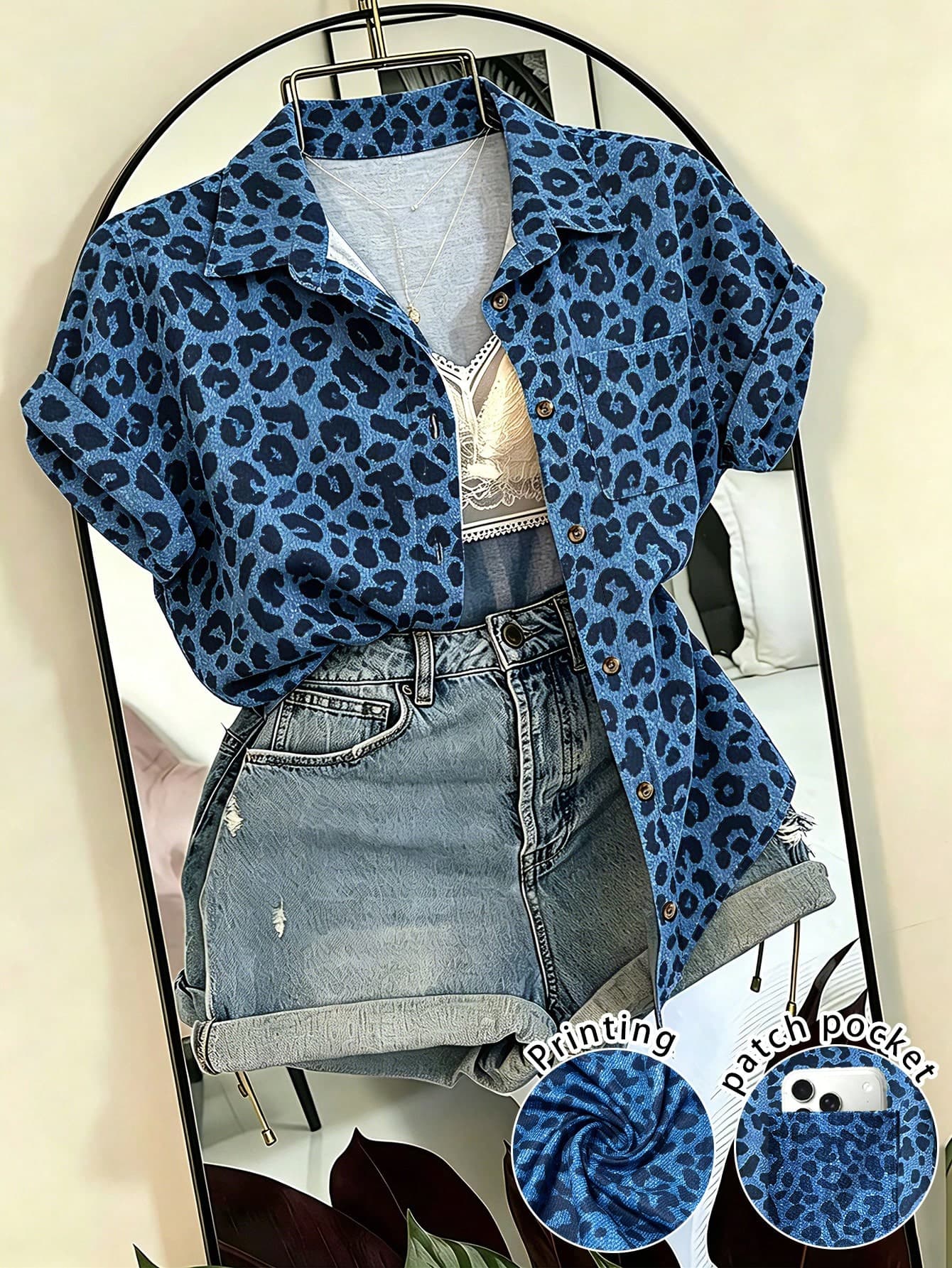 Franclia Women's Leopard Print Single-Breasted Pocket Casual Vacation Shirt