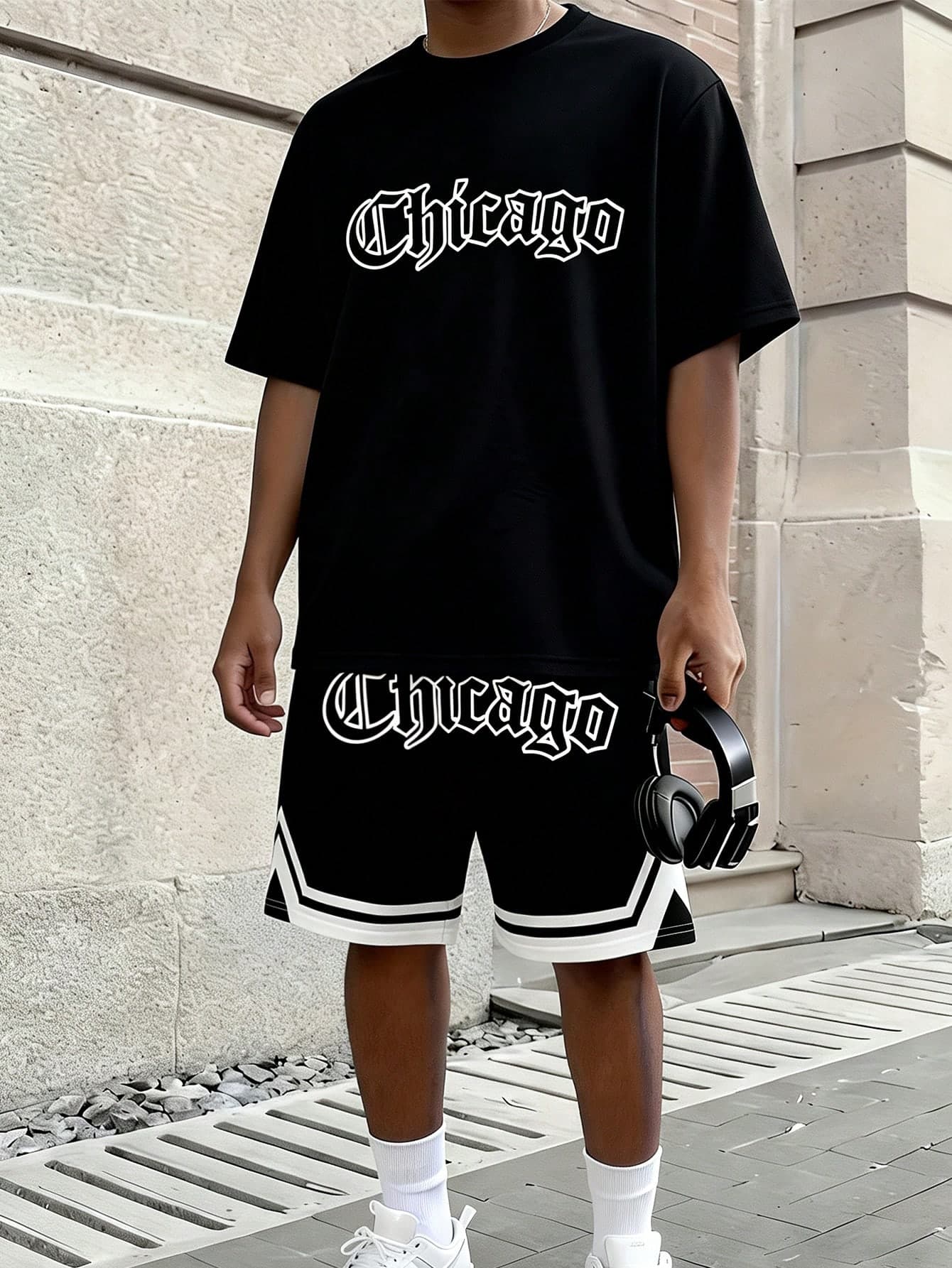2pcs/Set Teen Boys Loose Casual Streetwear Design Print Summer Short Sleeve & Shorts Set, Fashion Knit Mesh Fabric English Stripe Print Casual Daily Sports College Style Outdoor Commute Youth Outfit