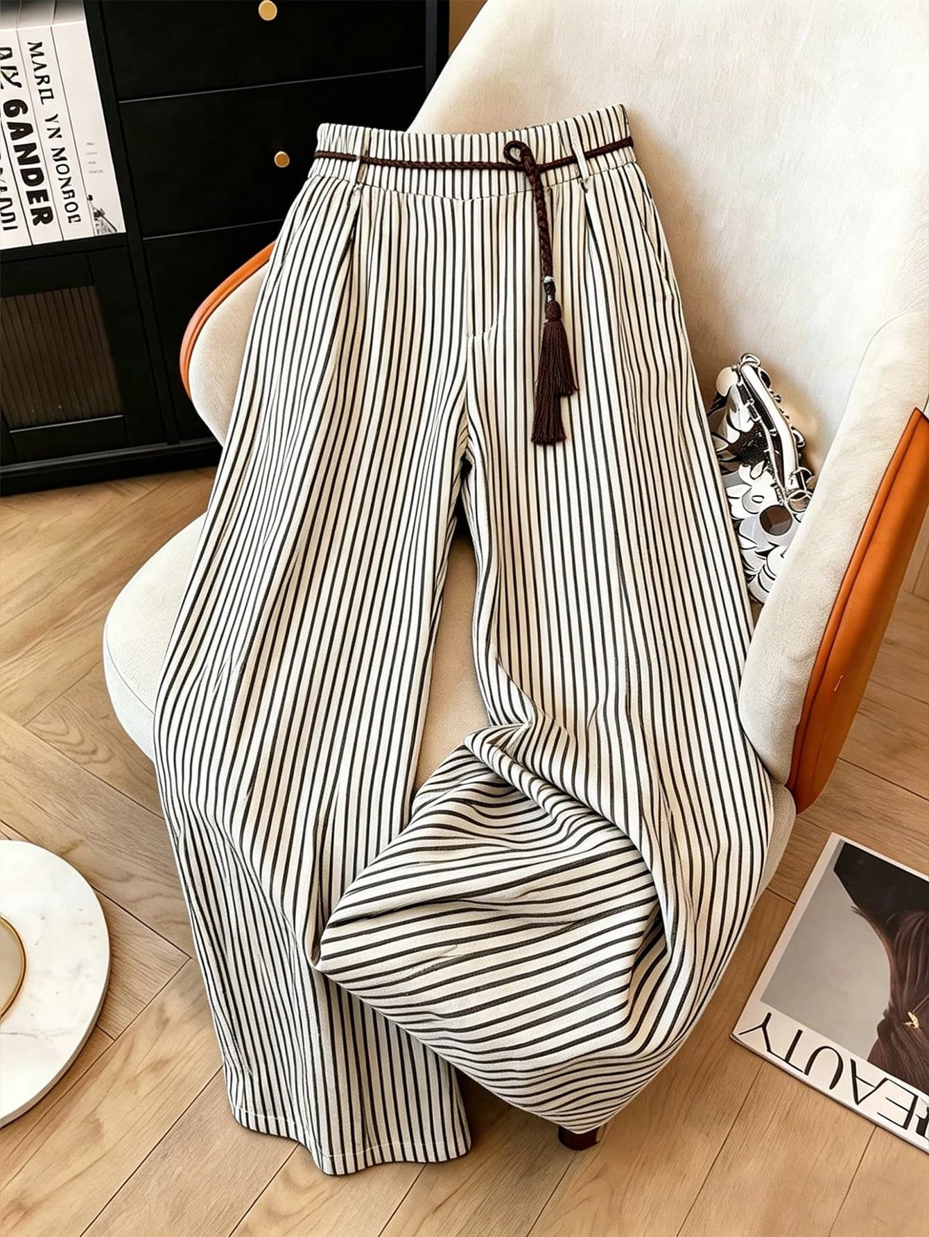 Franclia Plus Size Spring/Summer Striped Tassel Straight Leg Vacation Pants